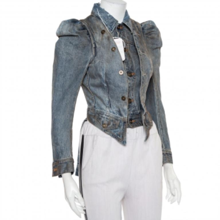 Gray Faith Connexion Blue Denim Muddy Distressed Victorian Jacket XXS For Sale