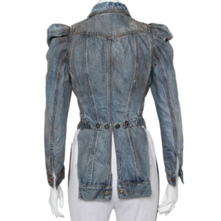 Faith Connexion Blue Denim Muddy Distressed Victorian Jacket XXS In Good Condition For Sale In Dubai, Al Qouz 2