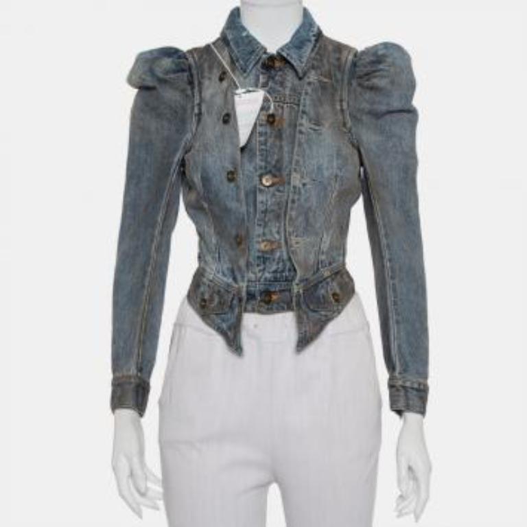 Faith Connexion Blue Denim Muddy Distressed Victorian Jacket XXS For Sale 3