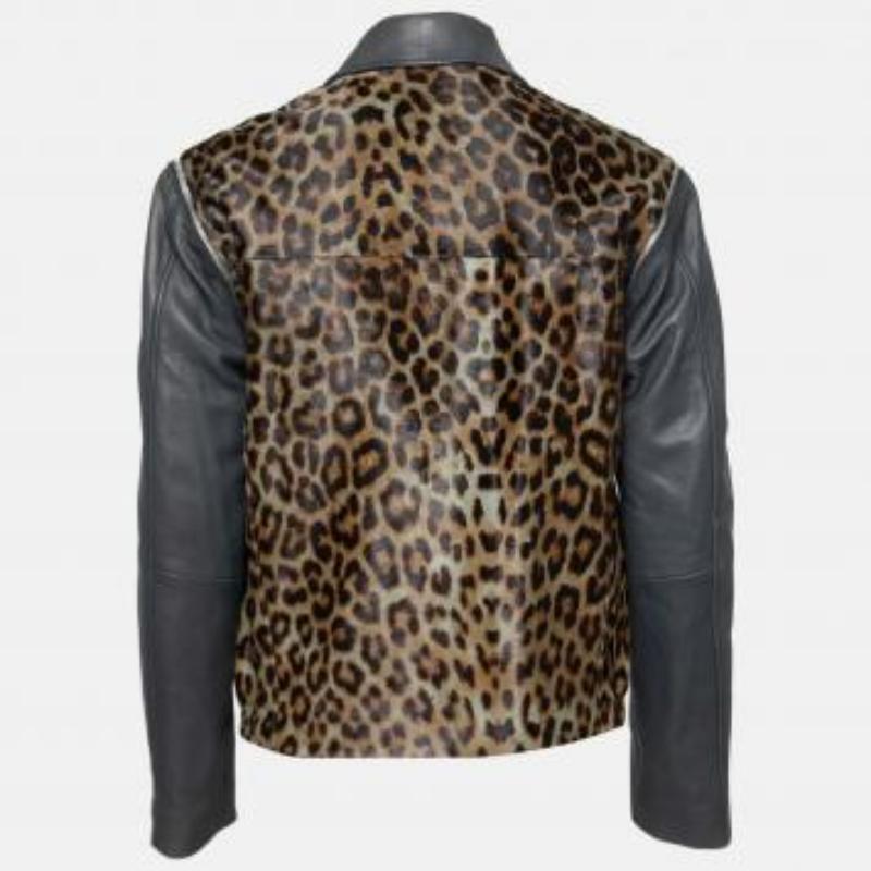 Faith Connexion Khaki Navy Cheetah Print Detachable Sleeve Detail Moto Jacket XS in vendita 5