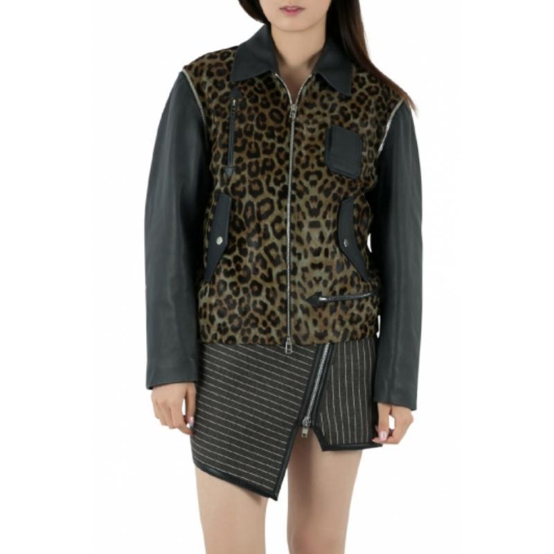 Donna Faith Connexion Khaki Navy Cheetah Print Detachable Sleeve Detail Moto Jacket XS in vendita