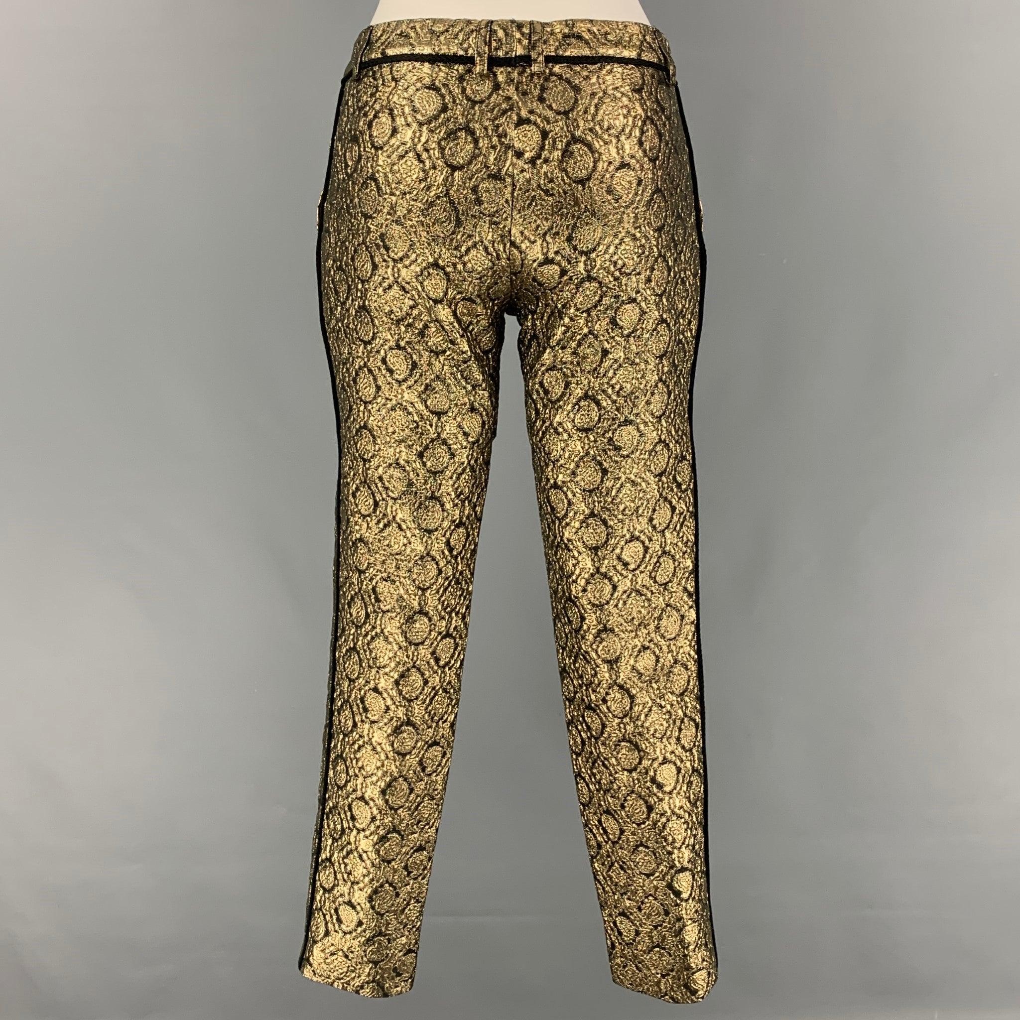 FAITH CONNEXION dress pants comes in a gold & black jacquard polyester blend featuring a tapered leg, snap button, and a zip fly closure.
Very Good
Pre-Owned Condition. 

Marked:   34 

Measurements: 
  Waist: 28 inches  Rise: 8.5 inches  Inseam: 28