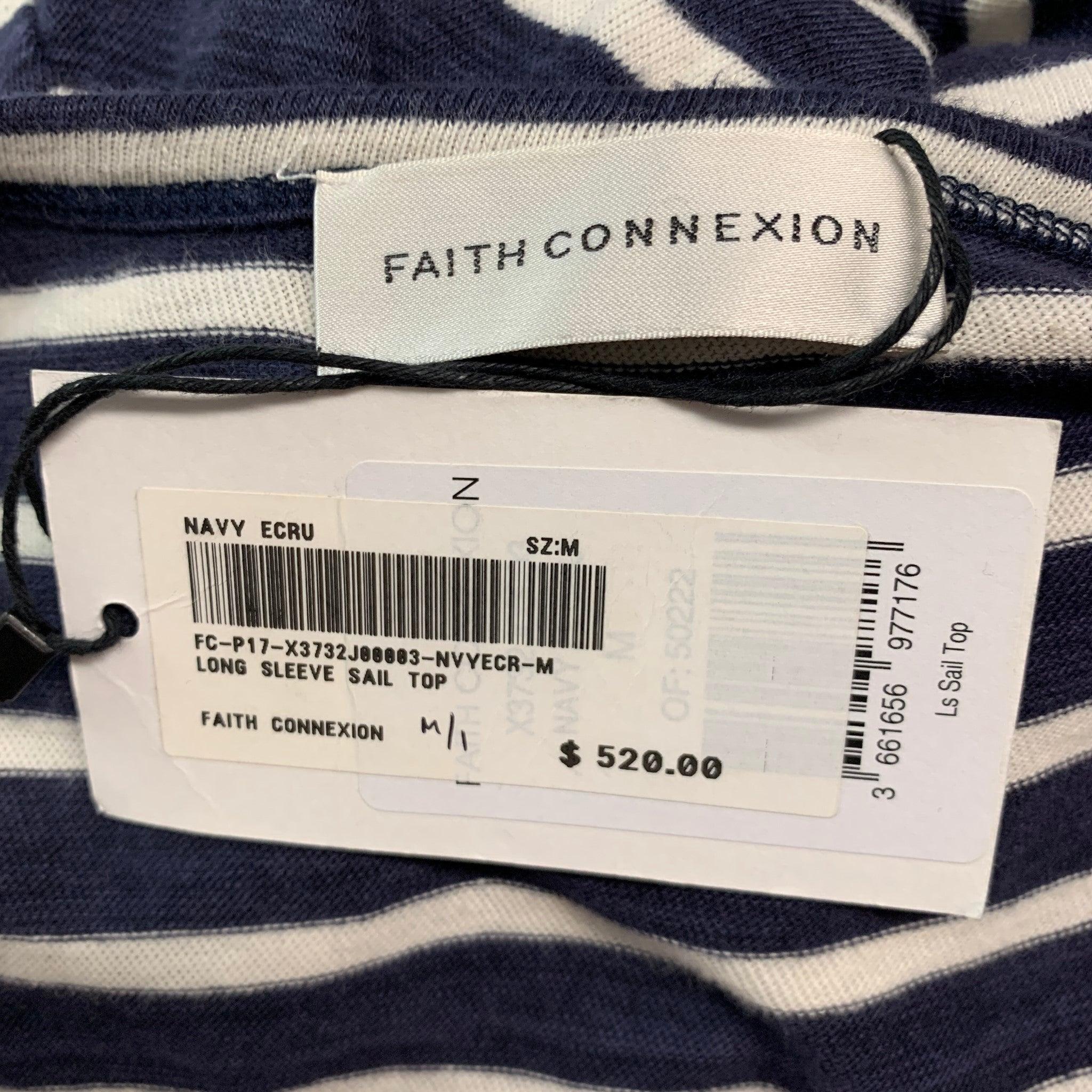 FAITH CONNEXION Size M Navy White Stripe Cotton Long Sleeve T-shirt For Sale 3