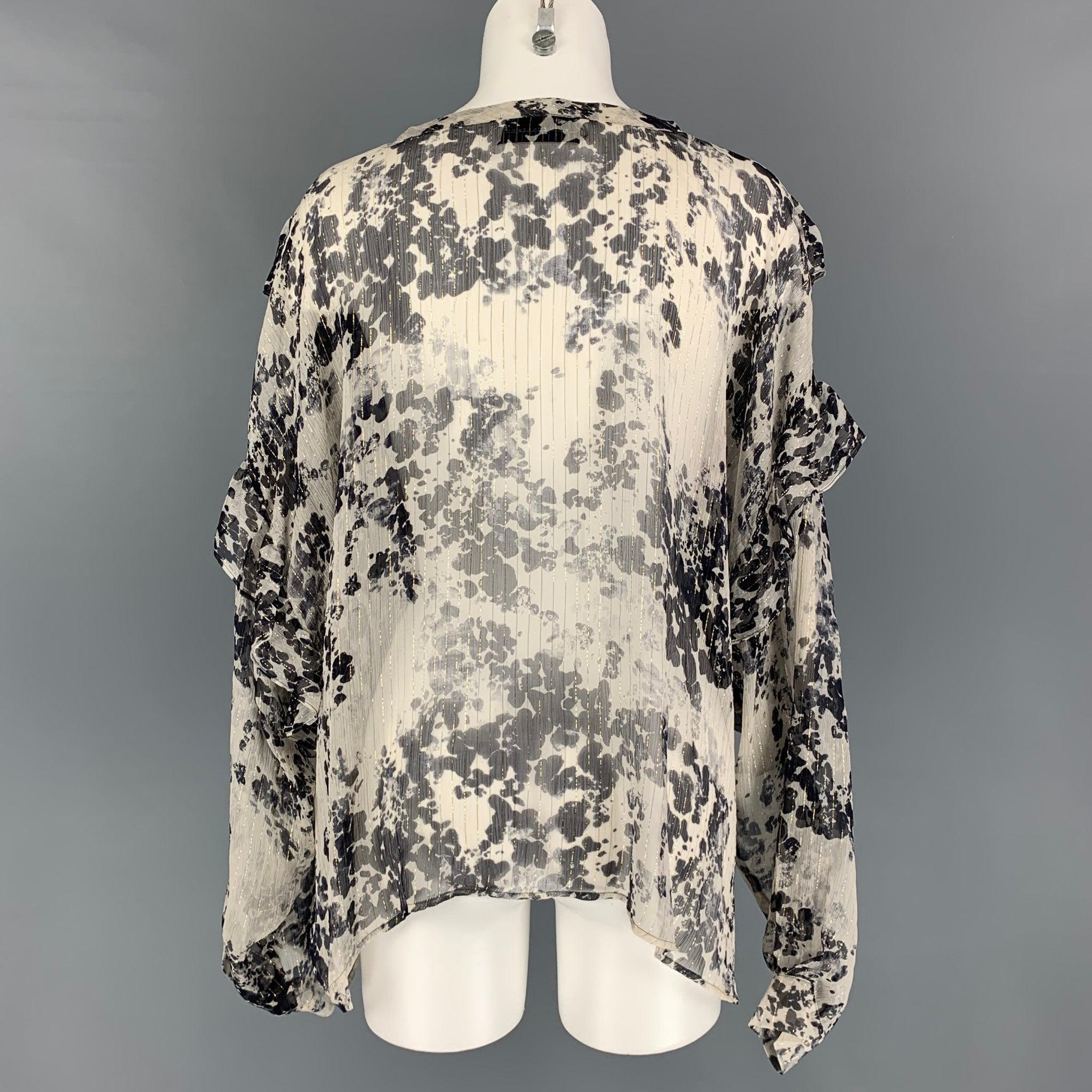 FAITH CONNEXION Size XS Black White Gold Silk Blend Marbled Ruffle Blouse In Good Condition For Sale In San Francisco, CA