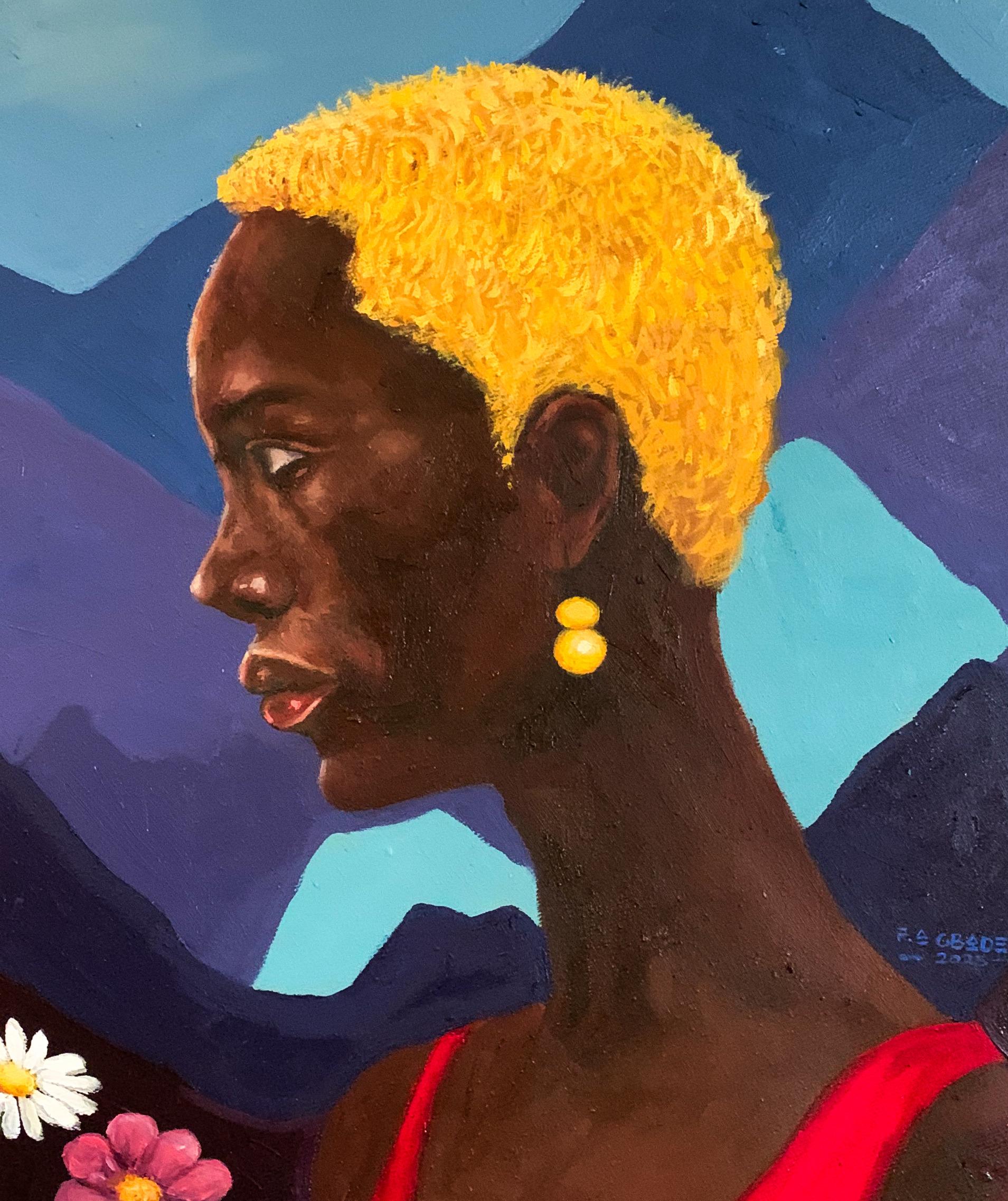 Echi della mente 1 - 21° secolo, Contemporaneo, Ritratto figurativo, Floreale - Figurative Painting Nero di Faith Gbadero