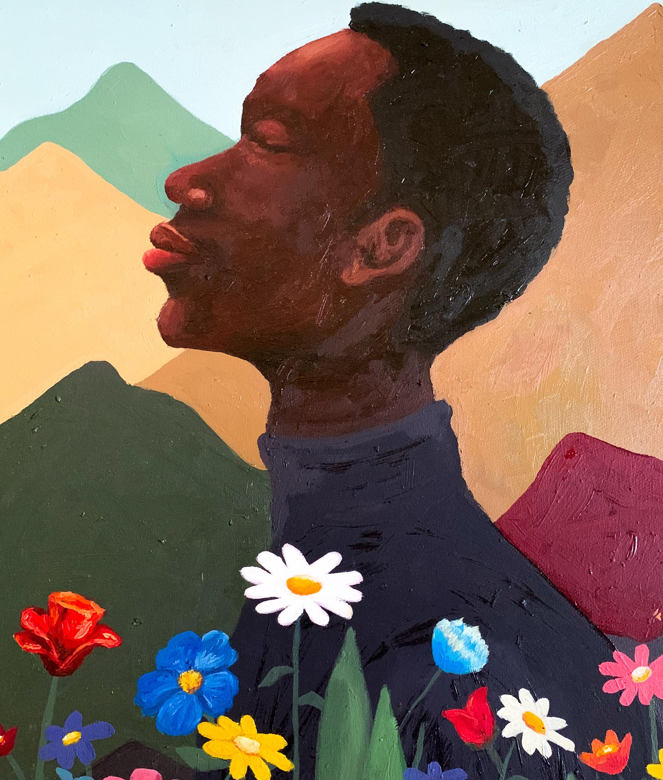 Echoes of the Mind 2 - 21st Century, Contemporary, Figurative Portrait, Floral - Black Portrait Painting by Faith Gbadero