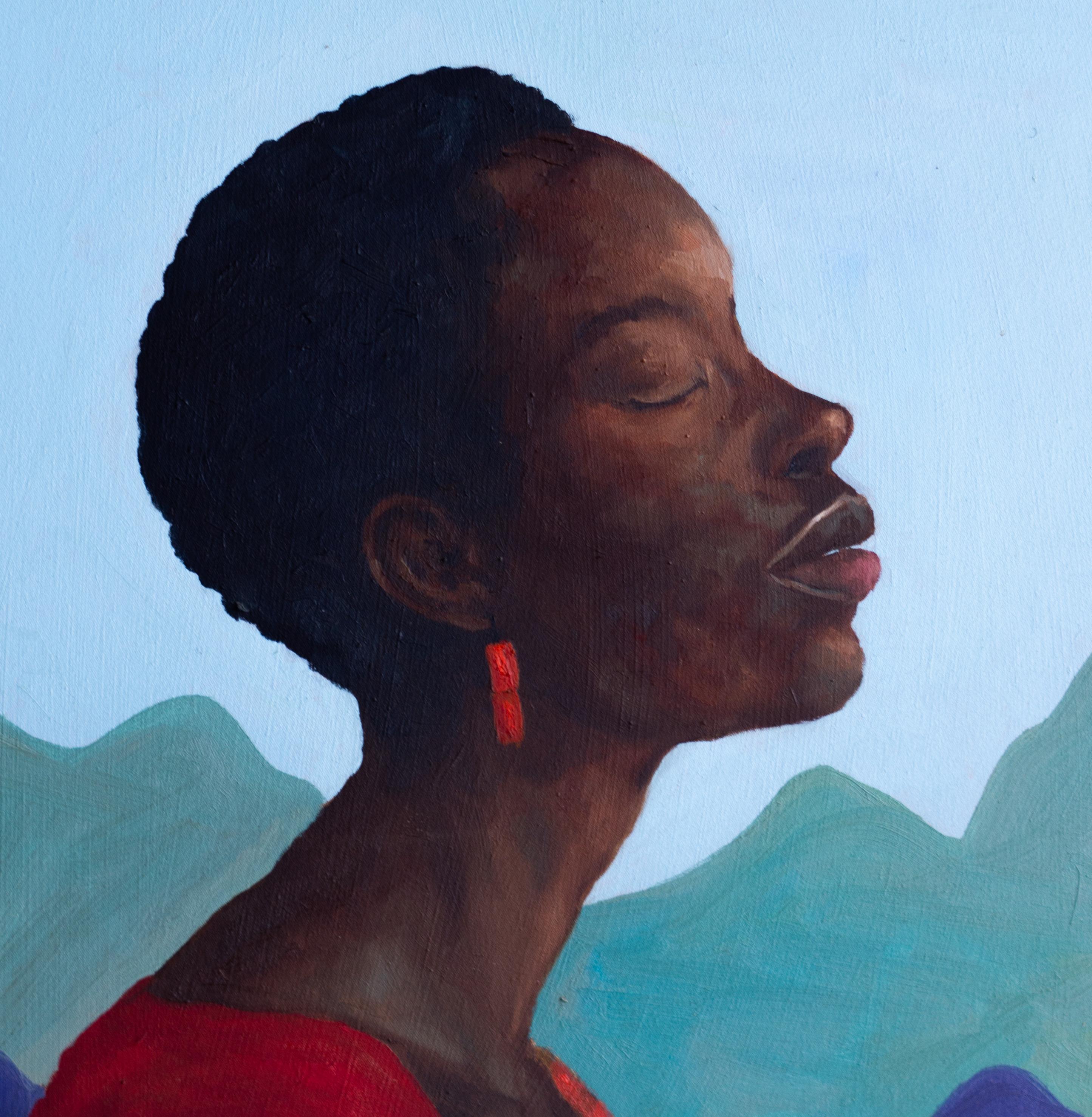Echoes Within - 21e siècle, Contemporain, Portrait figuratif, Moderne, Femmes - Bleu Figurative Painting par Faith Gbadero