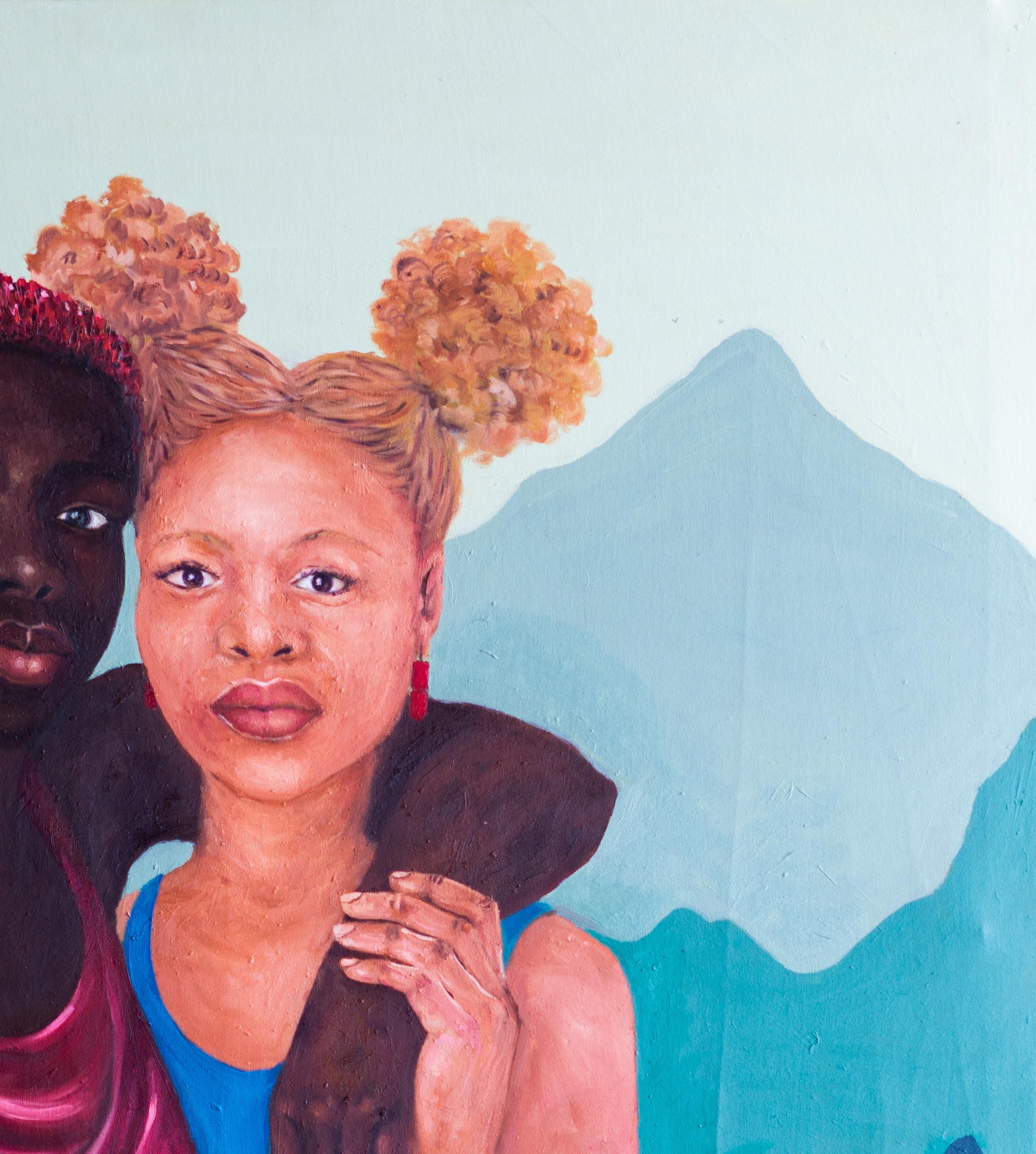 Love and Bond 2 - 21st Century, Contemporary, Figurative Portrait, Whites, Black - Expressionist Painting by Faith Gbadero