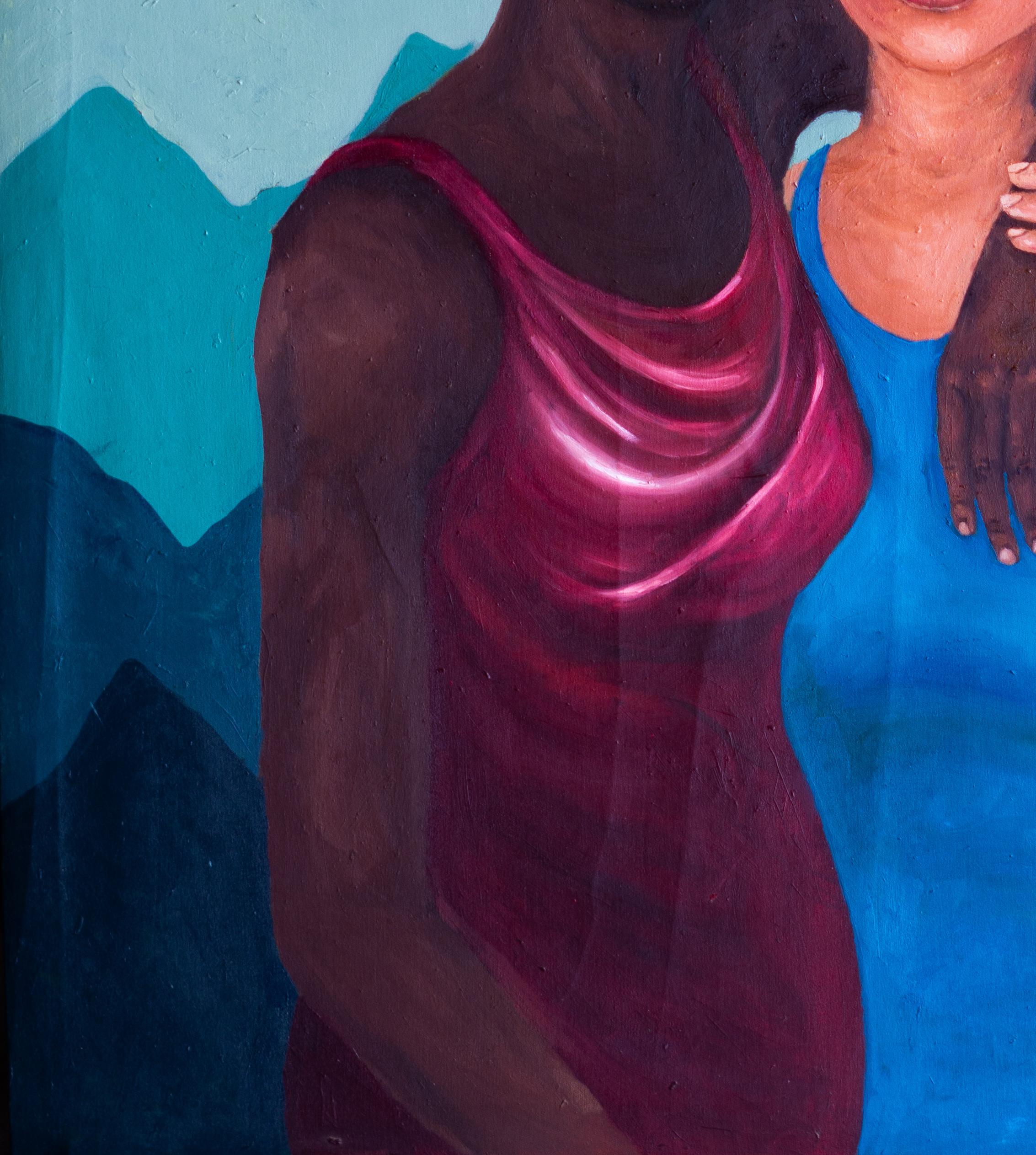 Love and Bond 2 - 21st Century, Contemporary, Figurative Portrait, Whites, Black - Purple Figurative Painting by Faith Gbadero