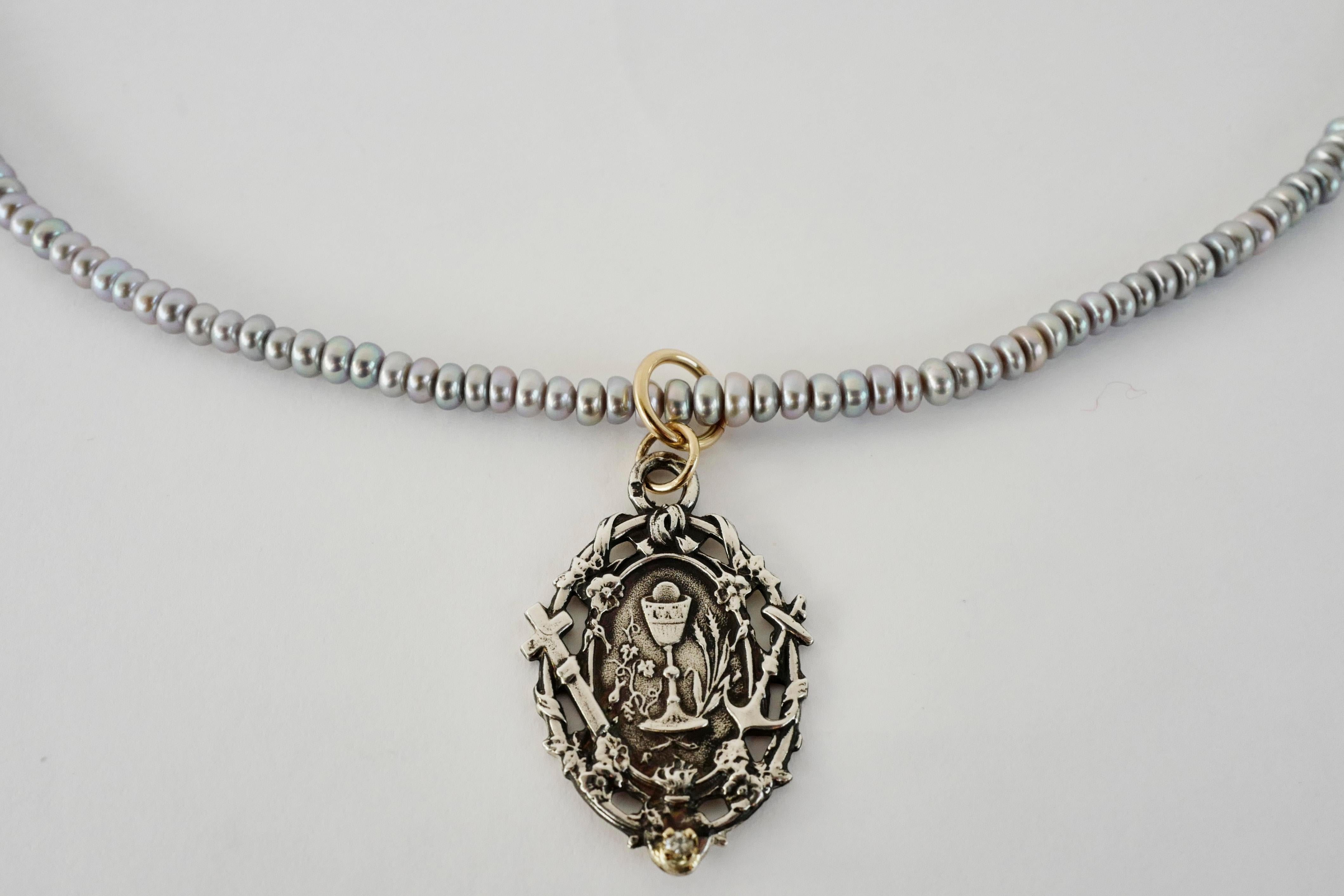 Brilliant Cut Medal Faith Hope Love White Diamond Pearl Chain Necklace Chrysoprase J Dauphin For Sale