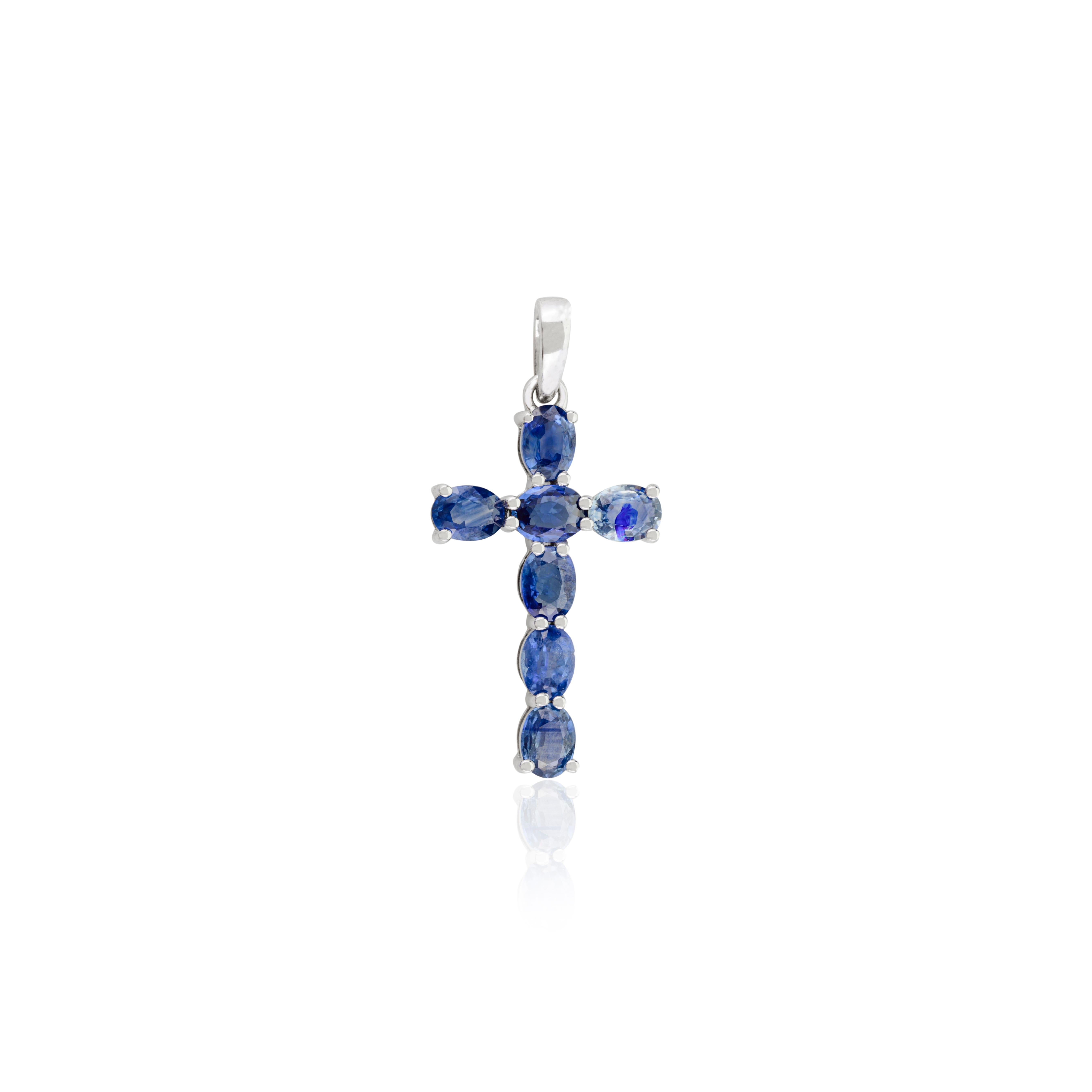 Faith Inspired 14 Karat Solid White Gold Cross Pendant with Blue Sapphire Accent In New Condition For Sale In New York, NY