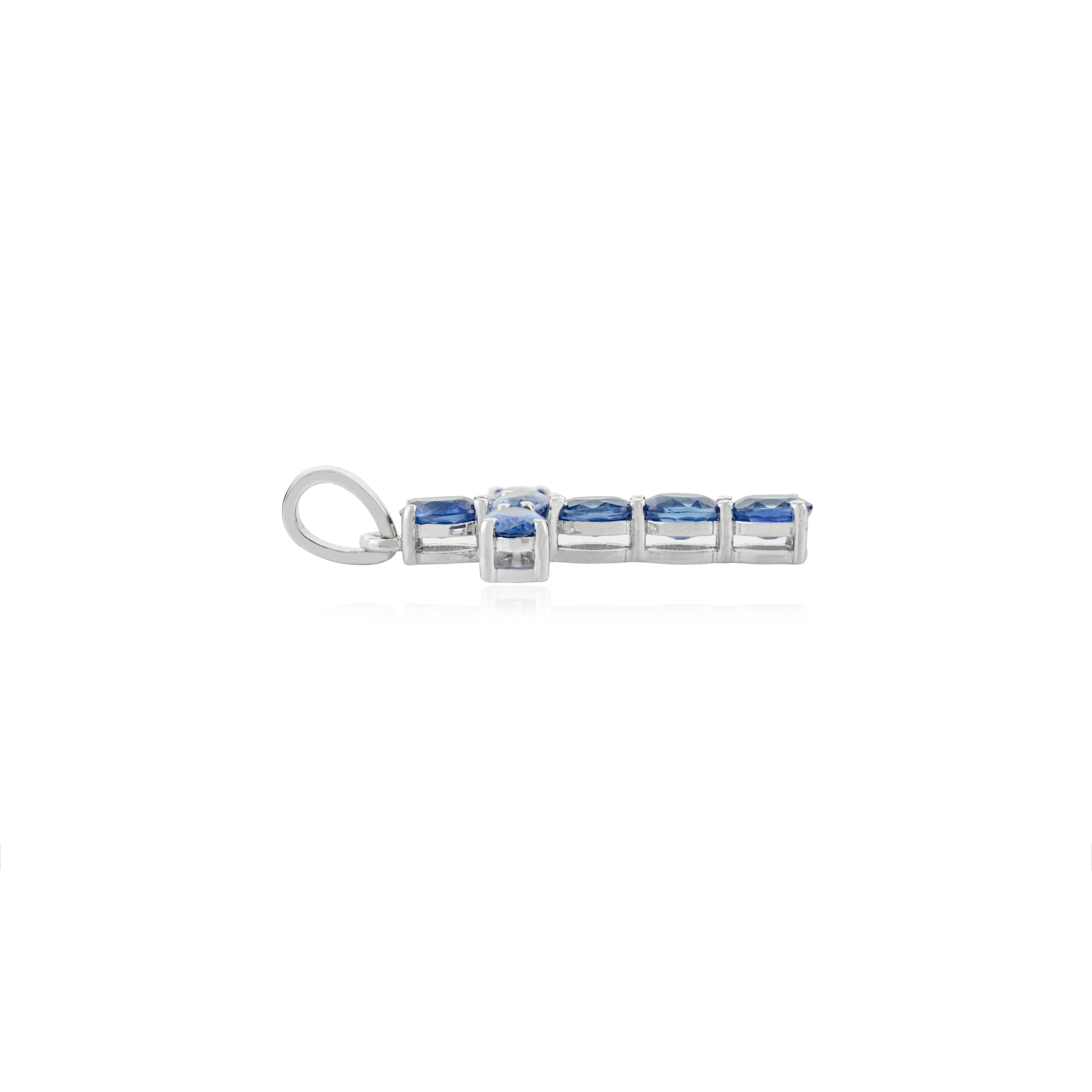 Faith Inspired 14 Karat Solid White Gold Cross Pendant with Blue Sapphire Accent For Sale 1
