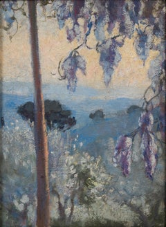 Glicine in Italia - Fiori illuminati a cascata su un tranquillo paesaggio italiano