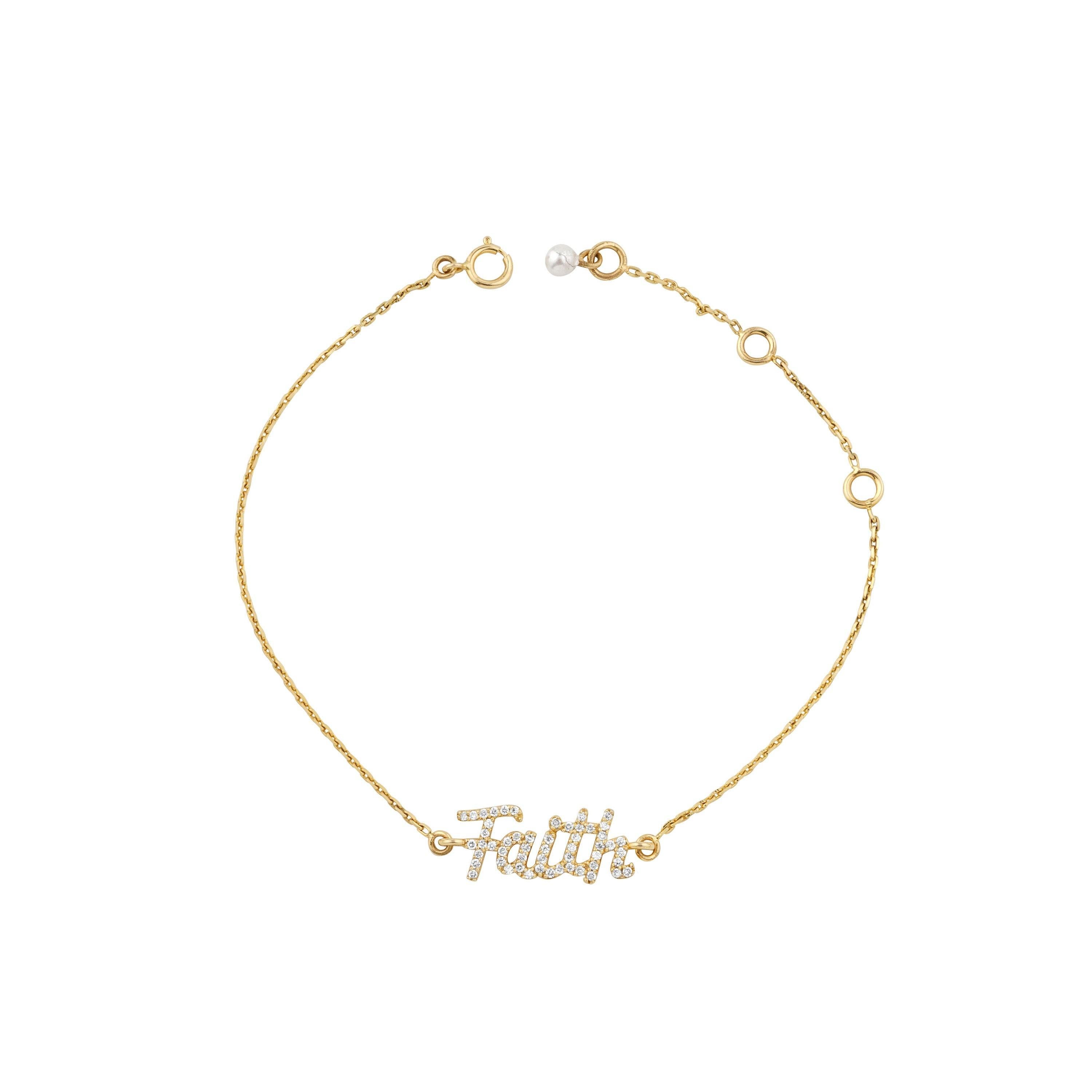 Pulsera de cadena de diamantes con letras de fe en oro macizo de 14k (certificado) Corte redondo en venta
