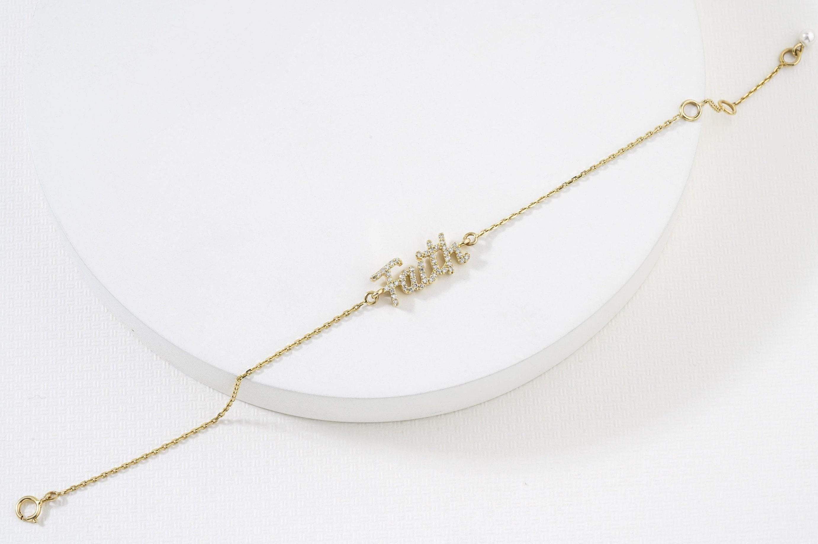 Bracciale a catena con diamanti Faith Letter in oro massiccio 14k (certificato)
