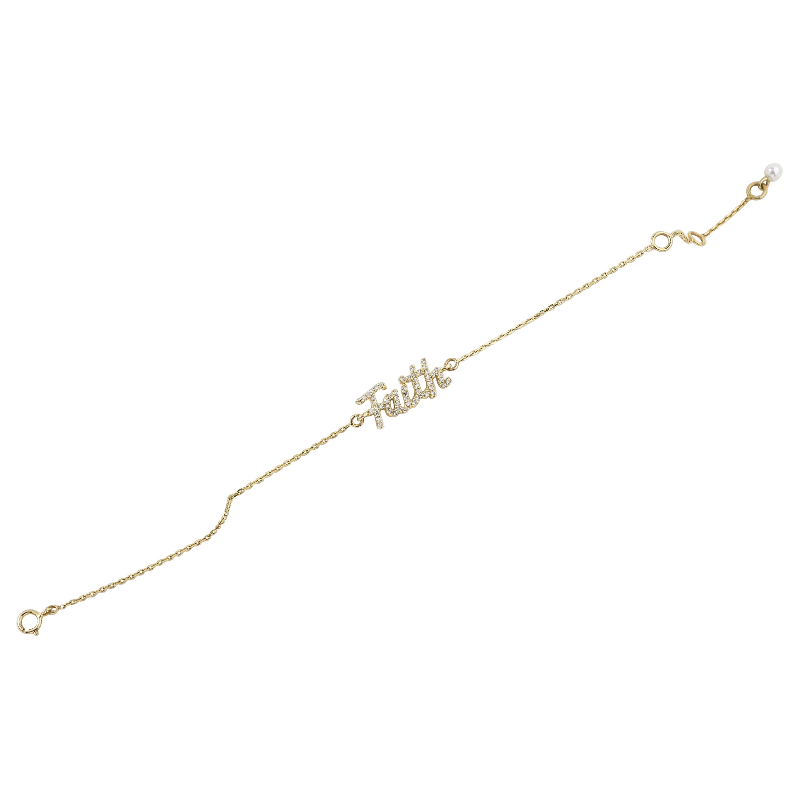 Bracciale a catena con diamanti Faith Letter in oro massiccio 14k (certificato)