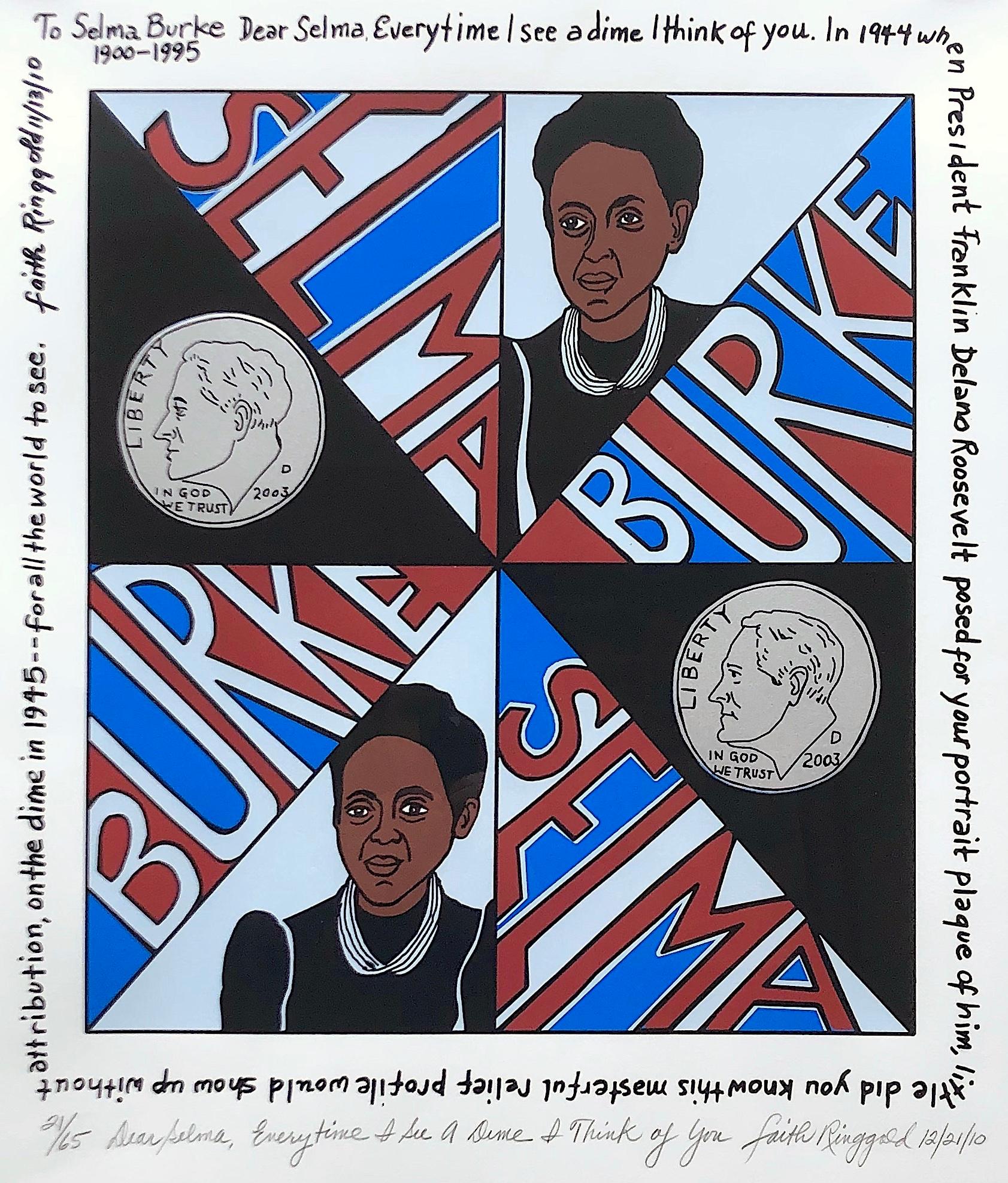 Faith Ringgold Abstract Print - Dear Selma, Every Time I See a Dime, I Think of You - framed print w/ red & blue