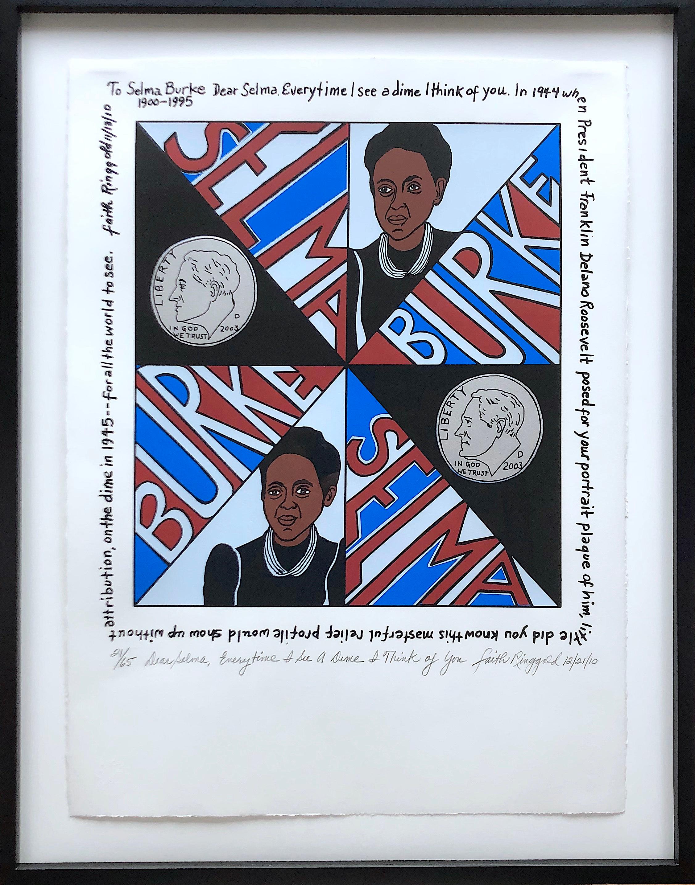 Dear Selma, Every Time I See a Dime, I Think of You - framed print w/ red & blue - Print by Faith Ringgold