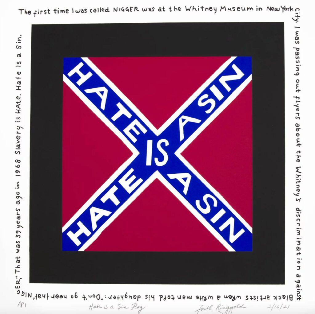 Hate is a Sin Flag (frame included) Signed silkscreen 26/60 African American art - Print by Faith Ringgold
