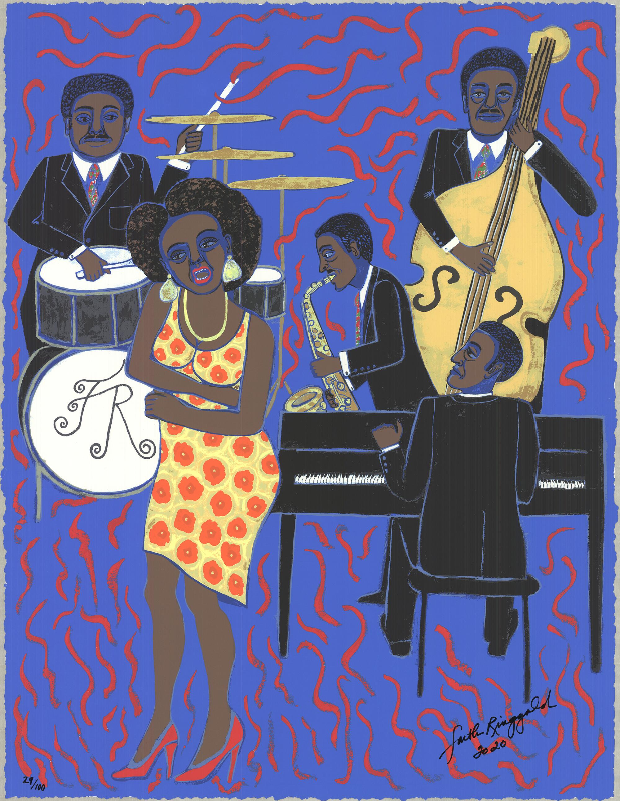 Faith Ringgold Portrait Print - Jazz Stories: Mama Can Sing Papa Can Blow #8: Don't Wanna Love You Like I Do