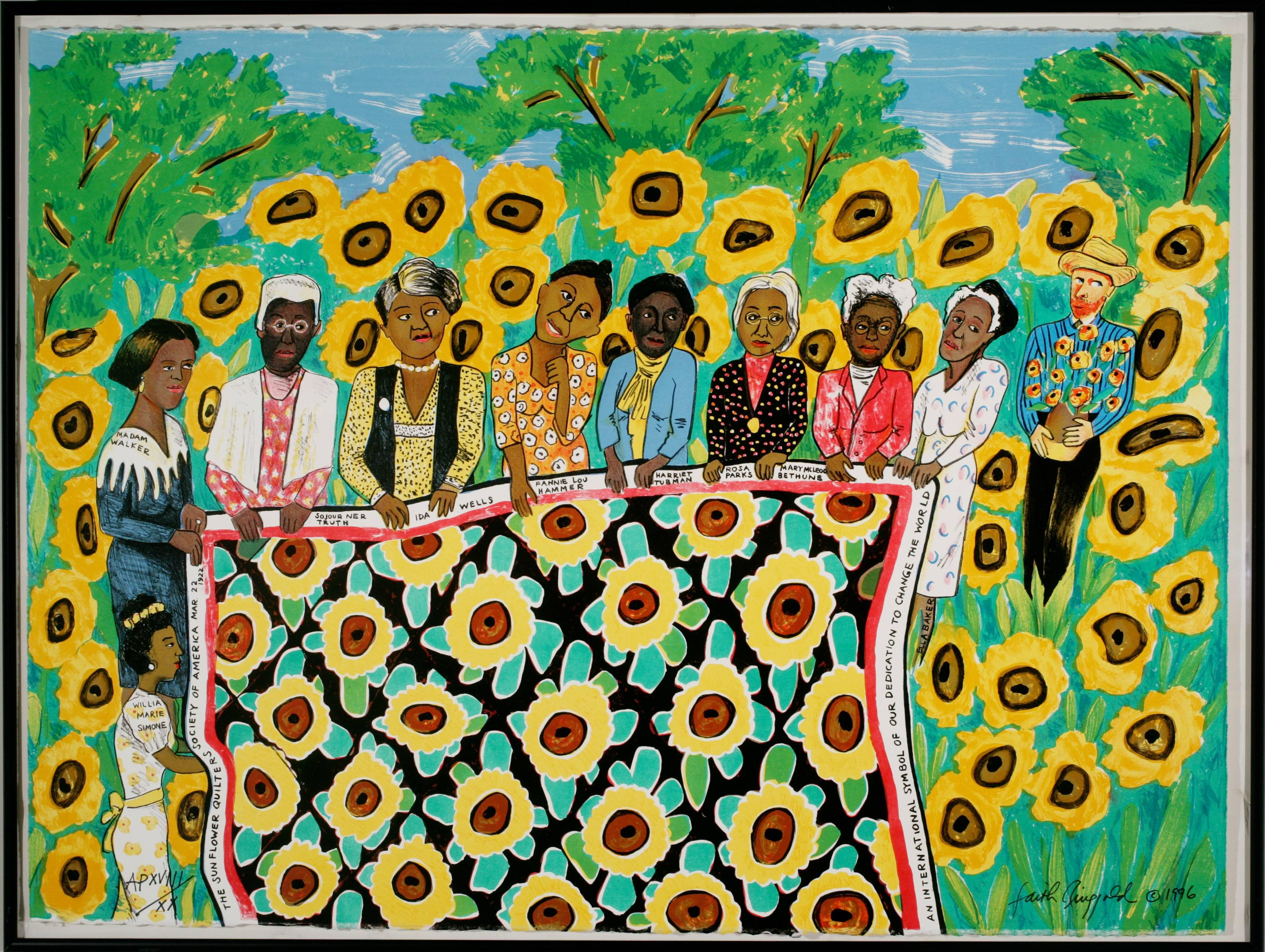 Faith Ringgold Figurative Print - Sunflower Quilting Bee at Arles