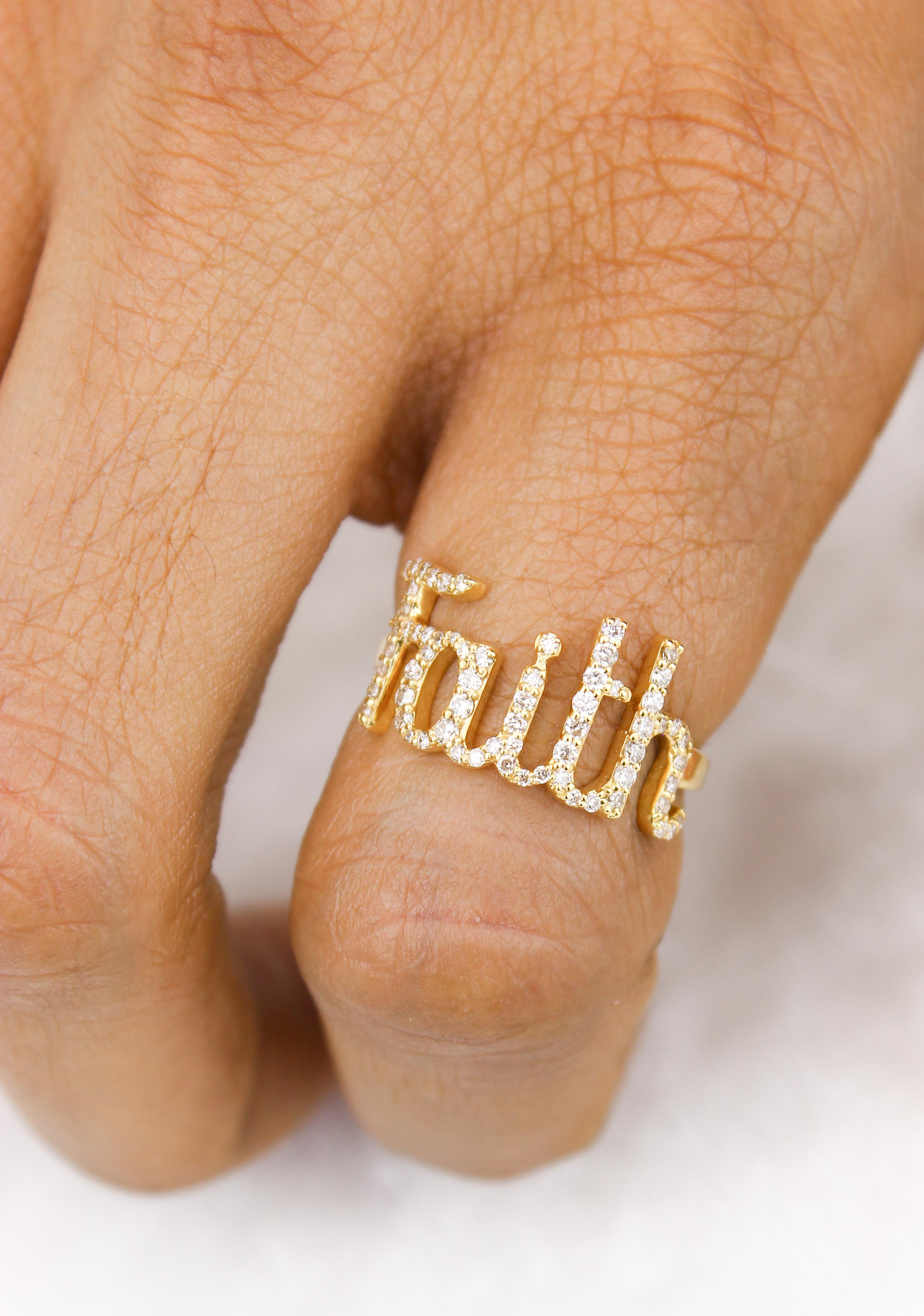 Art Déco Anello con diamante Faith Script in oro massiccio 14K (certificato) in vendita