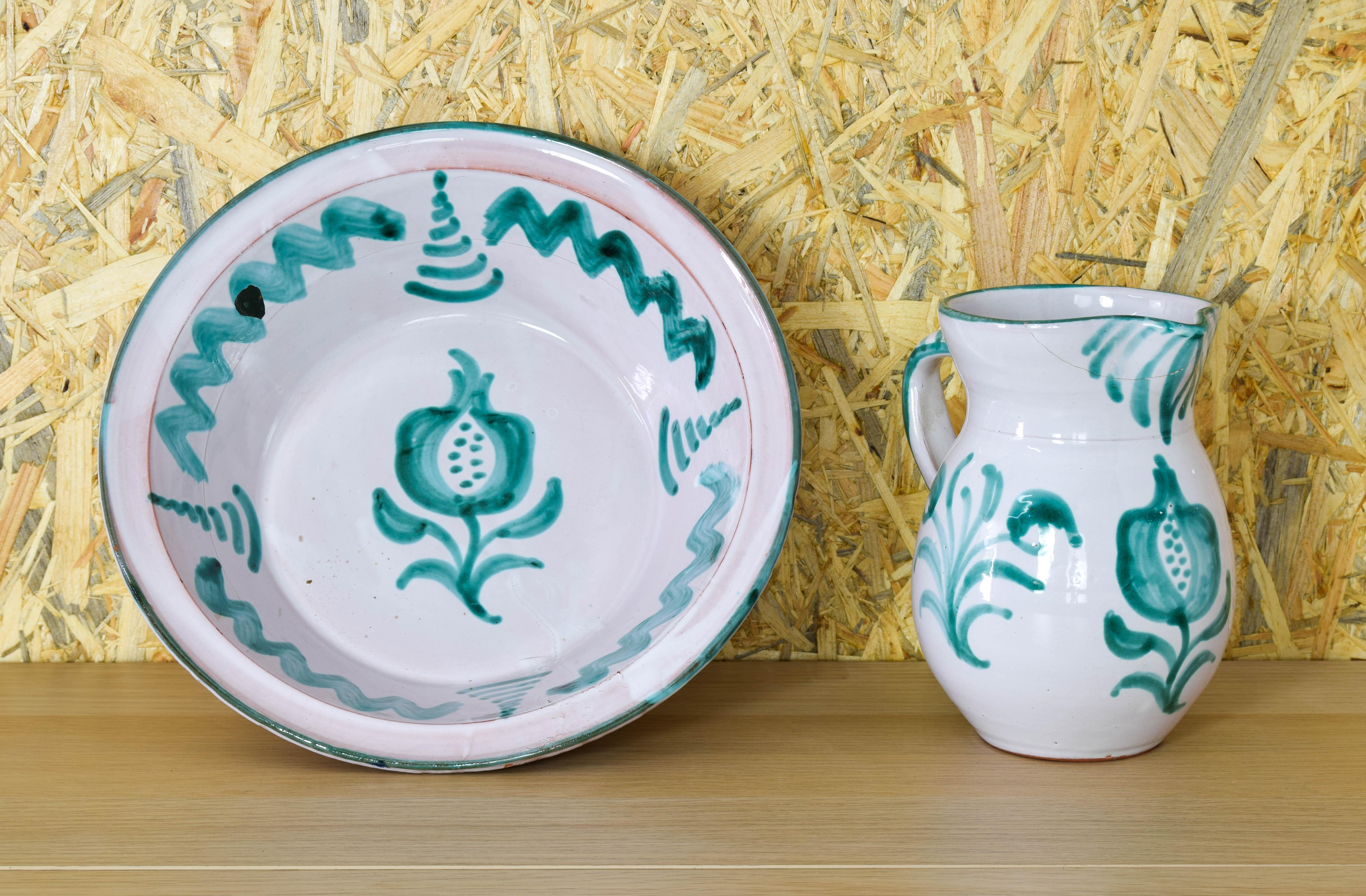 Spanish Fajalauza ceramic jug and Lebrillo bowl Spain 60s For Sale