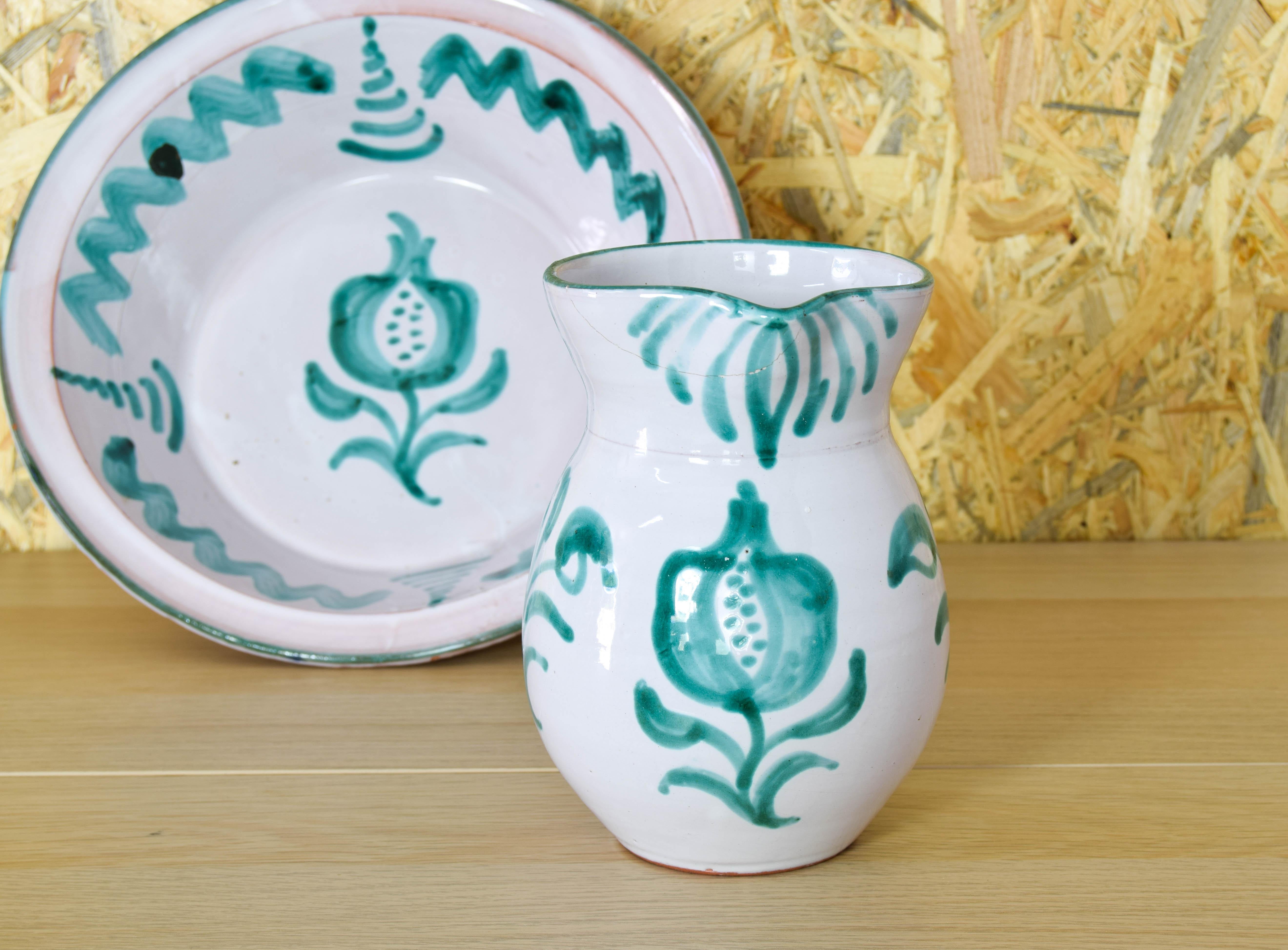 Fajalauza ceramic jug and Lebrillo bowl Spain 60s In Fair Condition For Sale In Escalona, Toledo