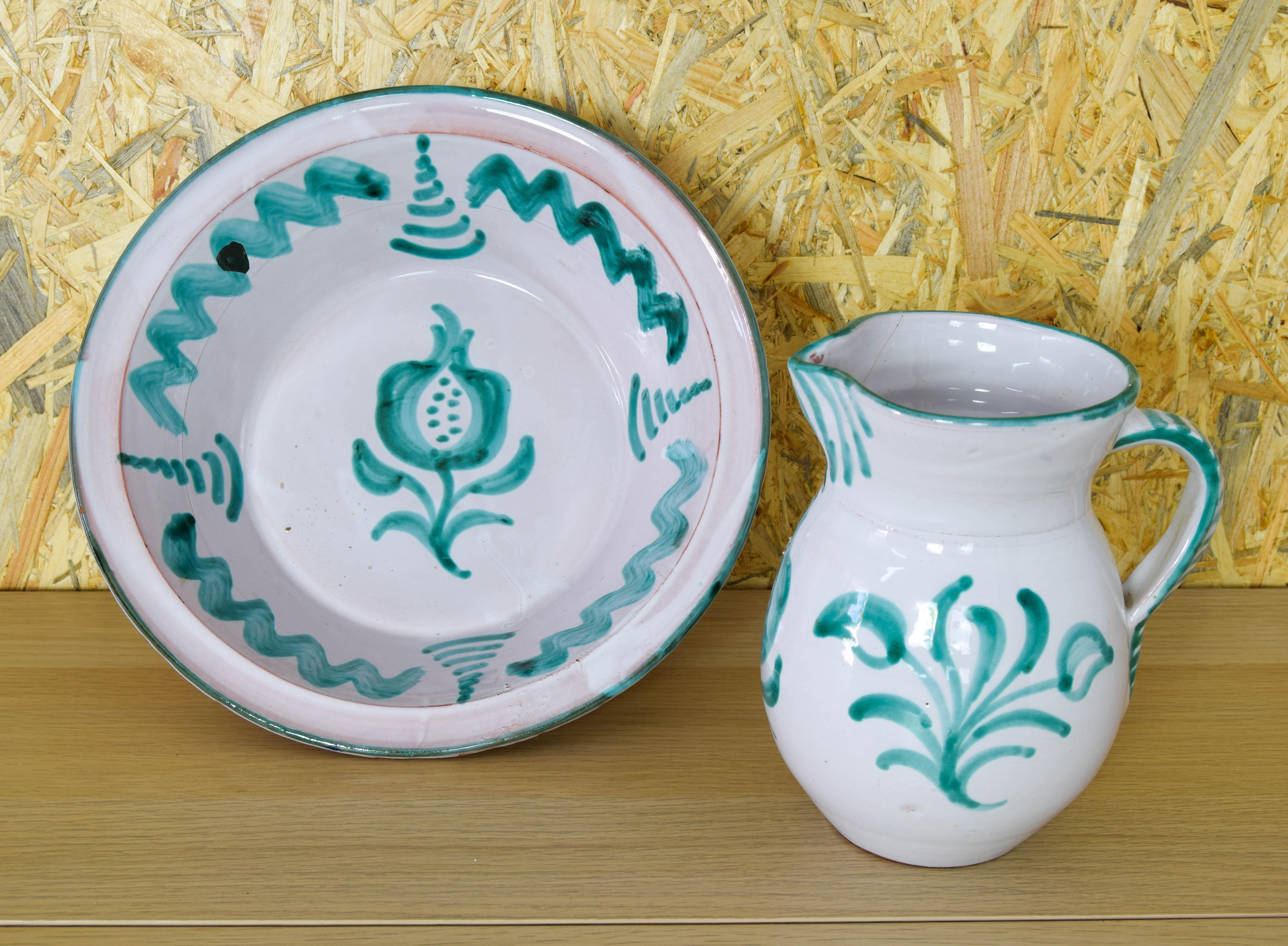 Fajalauza ceramic jug and Lebrillo bowl Spain 60s For Sale 2