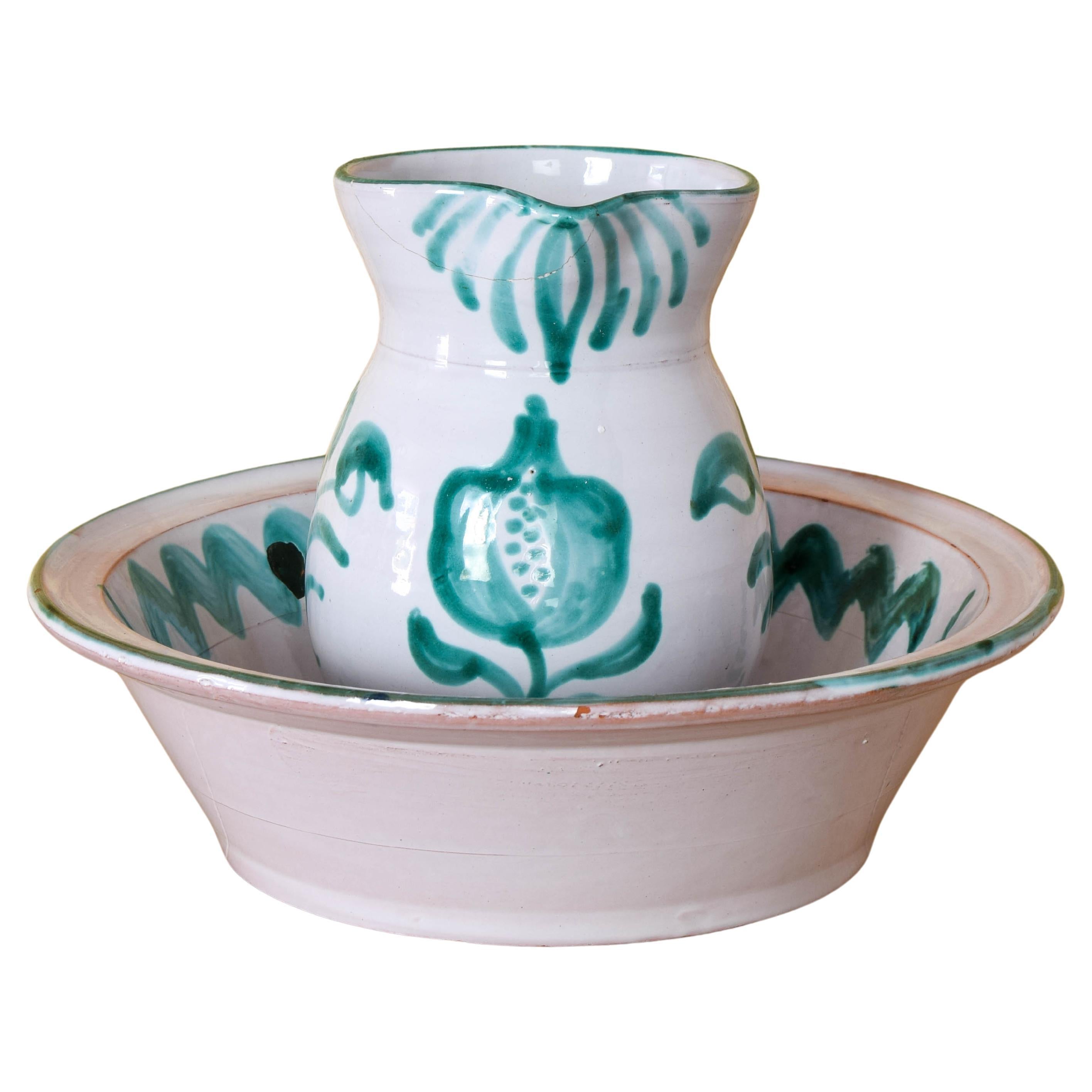 Fajalauza ceramic jug and Lebrillo bowl Spain 60s For Sale