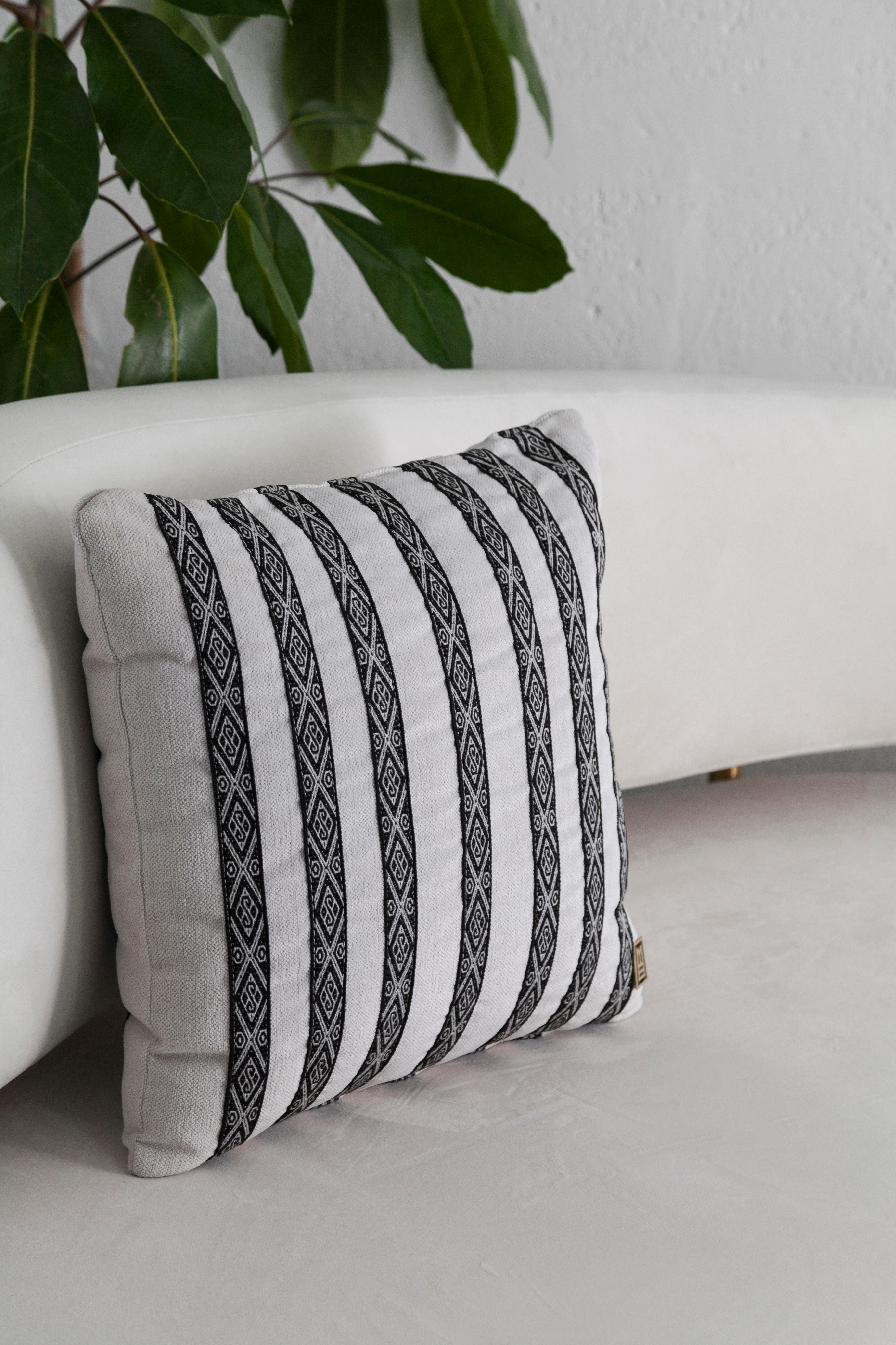 Ecuadorean FAJAS Handwoven Artisanal Sash Pillow in Ivory Upholstery by ANDEAN, In Stock