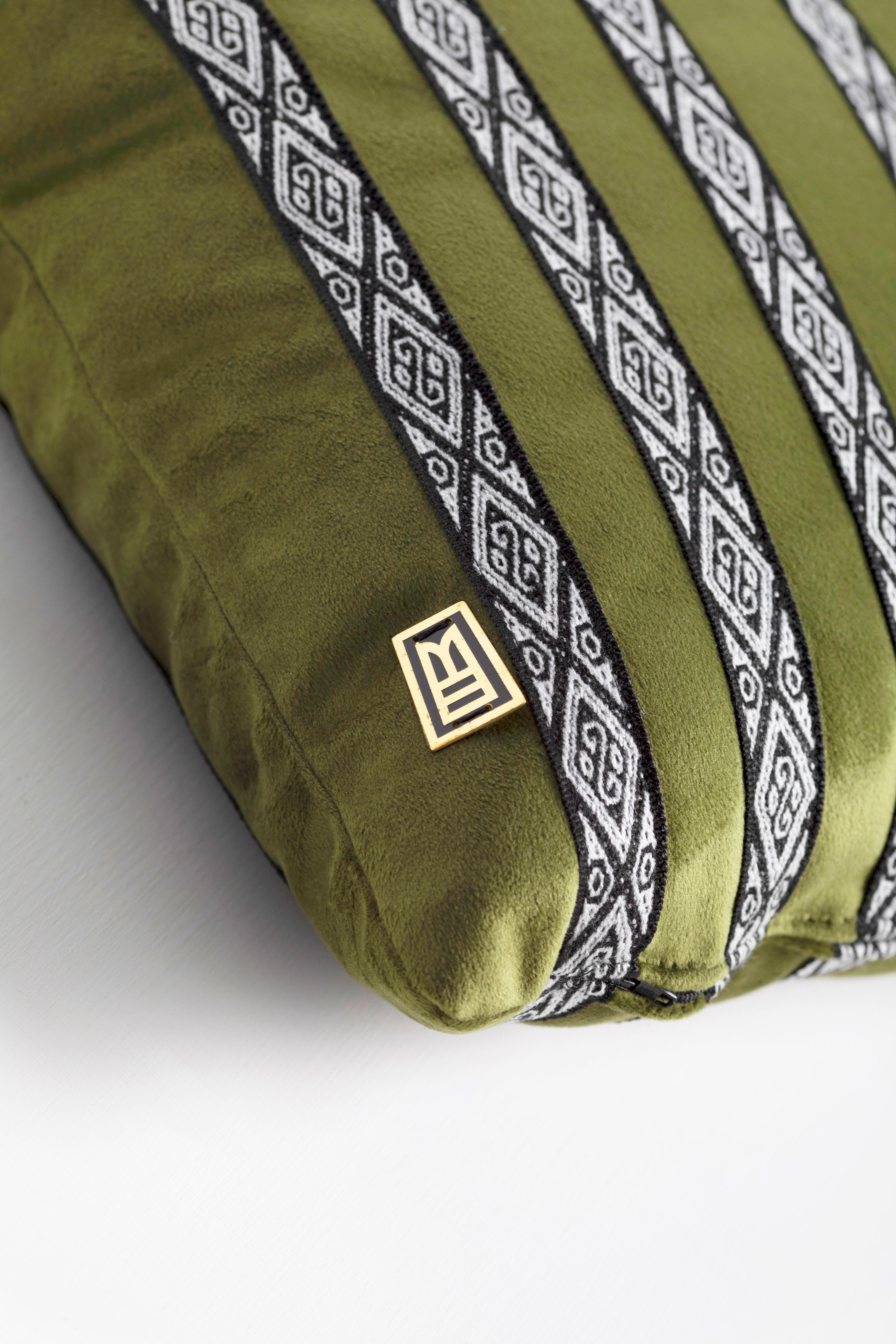 Modern FAJAS Handwoven Artisanal Sash Pillows in Olive Green Velvet by ANDEAN, Set of 2 For Sale