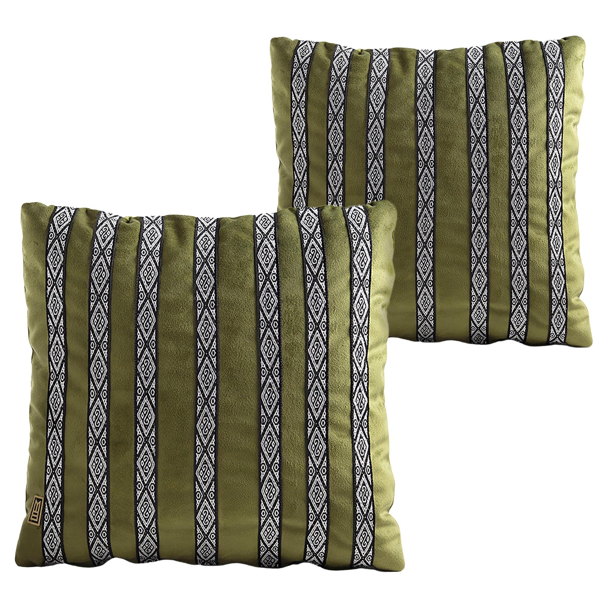 FAJAS Handwoven Artisanal Sash Pillows in Olive Green Velvet by ANDEAN, Set of 2 For Sale