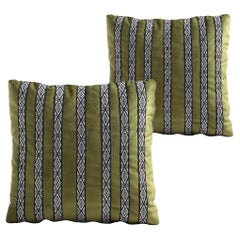 FAJAS Handwoven Artisanal Sash Pillows in Olive Green Velvet by ANDEAN, Set of 2