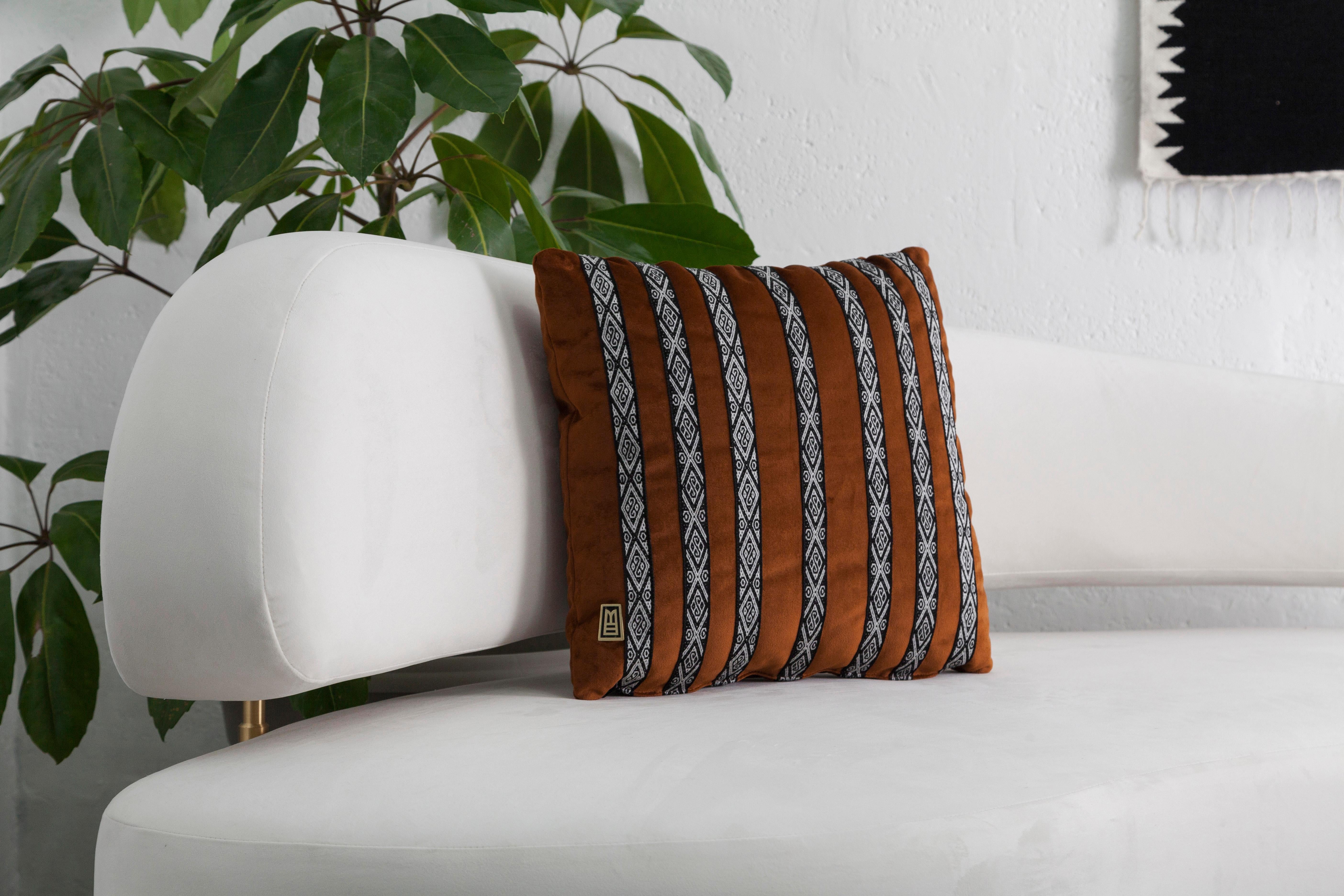 Modern FAJAS Handwoven Artisanal Sash Pillows in Terracota Velvet by ANDEAN, Set of 2 For Sale