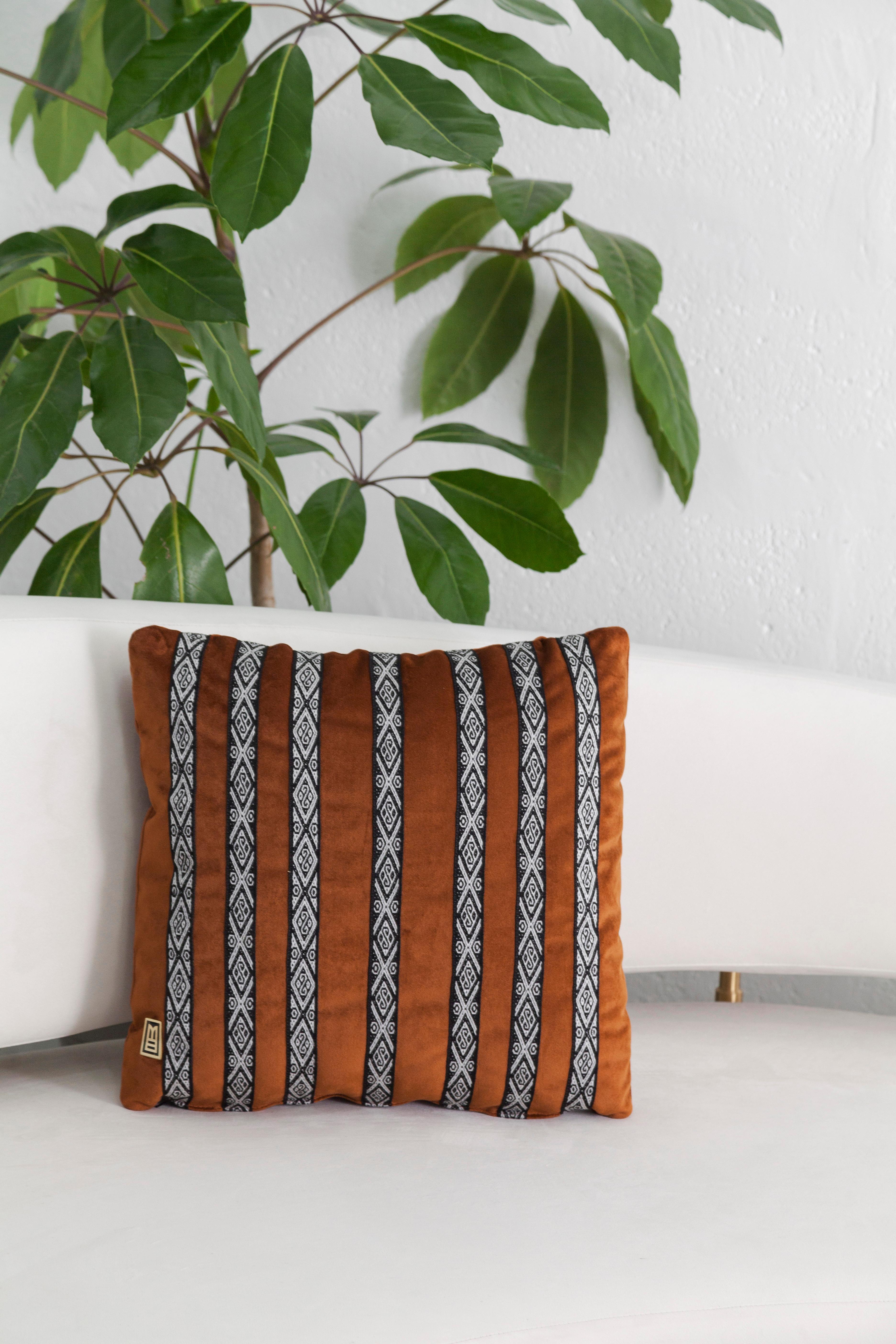 Hand-Woven FAJAS Handwoven Artisanal Sash Pillows in Terracota Velvet by ANDEAN, Set of 2 For Sale