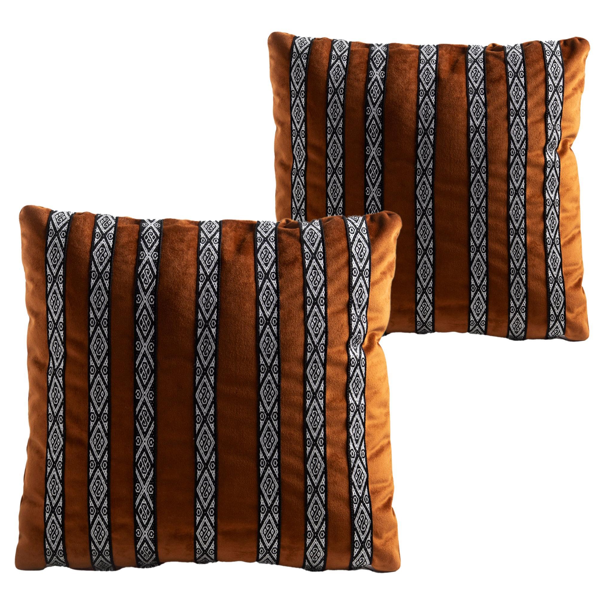 FAJAS Handwoven Artisanal Sash Pillows in Terracota Velvet by ANDEAN, Set of 2 For Sale