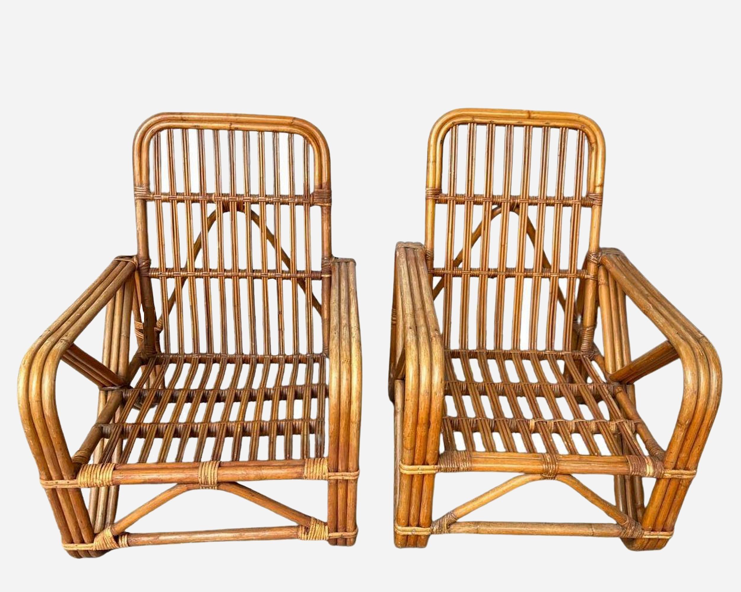 French “Fake” pair of bamboo and rattan armchairs, France, circa 1960 For Sale