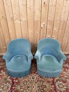 Fausse paire de fauteuils crapauds - Velours bleu canard - Pieds mixtes 19ème siècle/1970