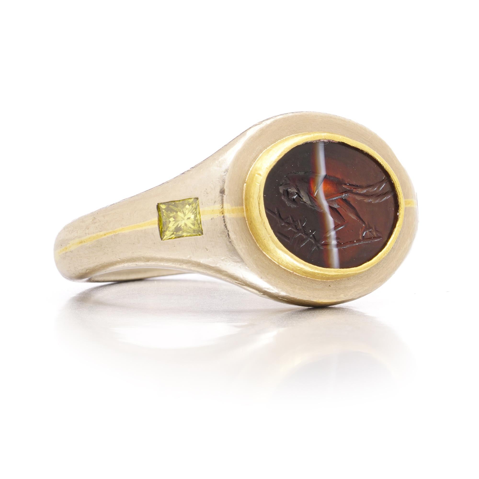 Women's or Men's Falco Marx 18kt Gold Roman Agate Intaglio Ring with Yellow Diamonds For Sale