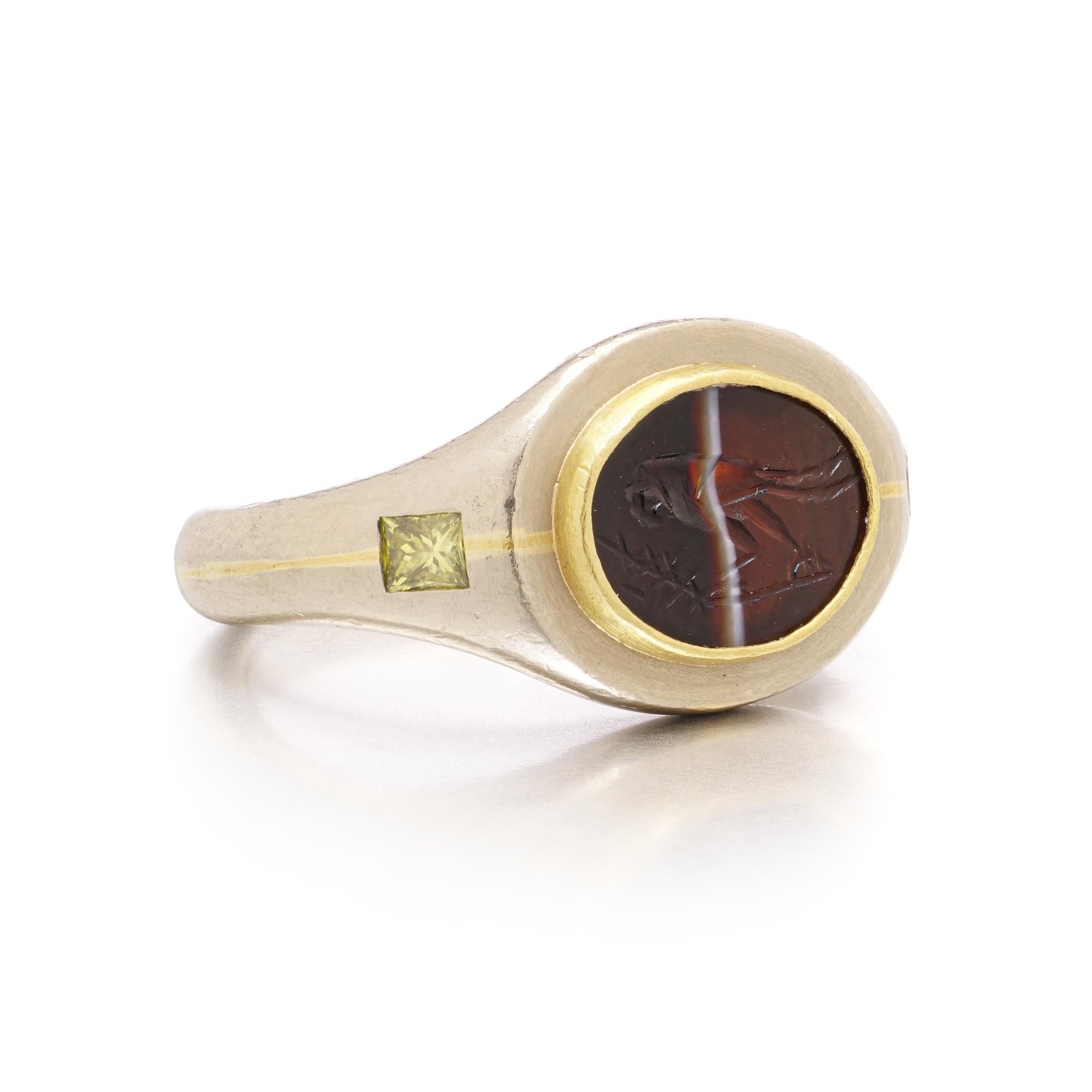 Falco Marx 18kt Gold Roman Agate Intaglio Ring with Yellow Diamonds For Sale 2