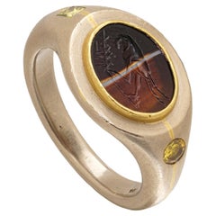 Falco Marx 18kt Gold Roman Agate Intaglio Ring with Yellow Diamonds