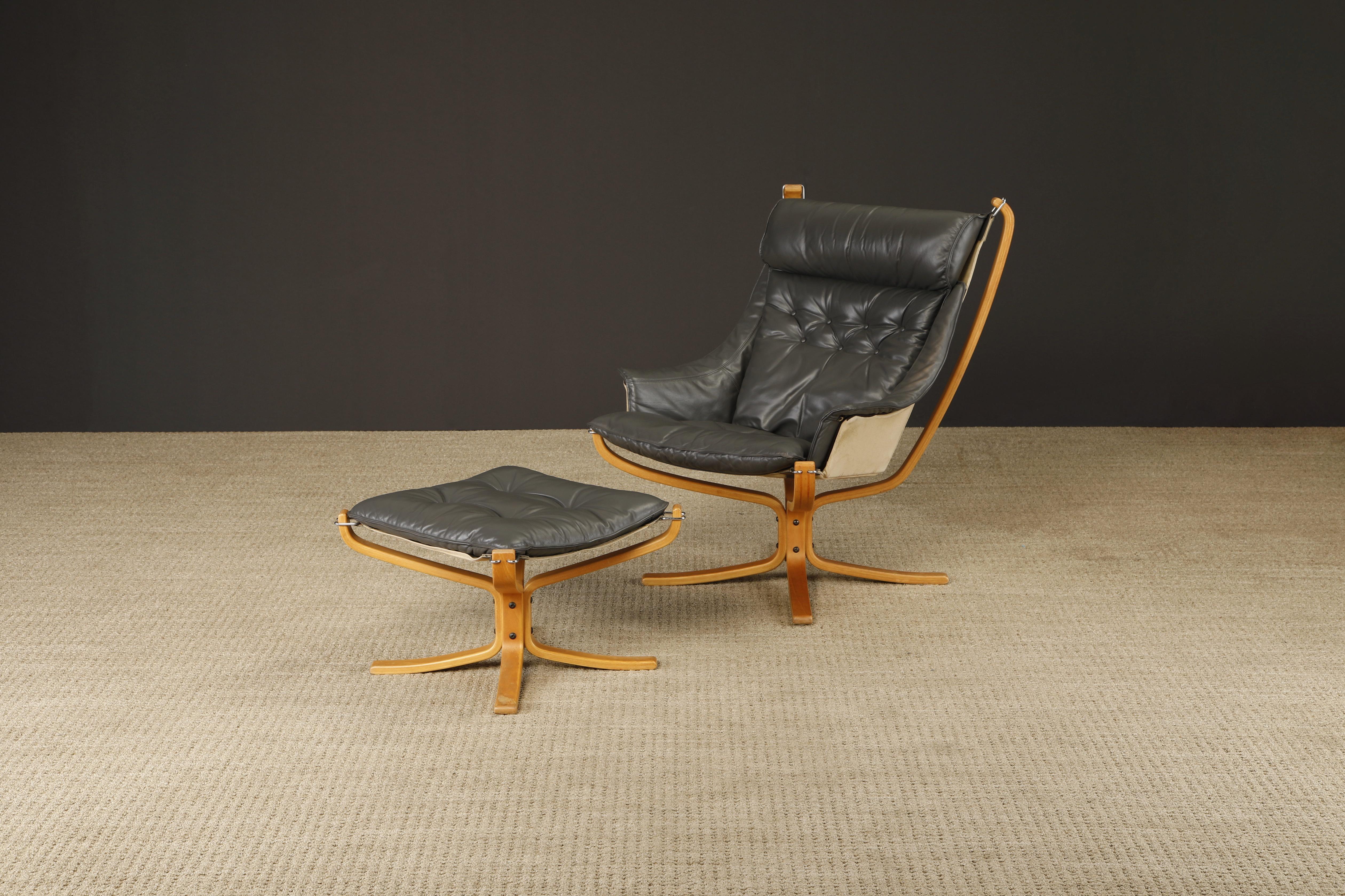 Leather 'Falcon' Chair and Ottoman by Sigurd Ressell for Vatne Møbler, 1970s, Signed For Sale