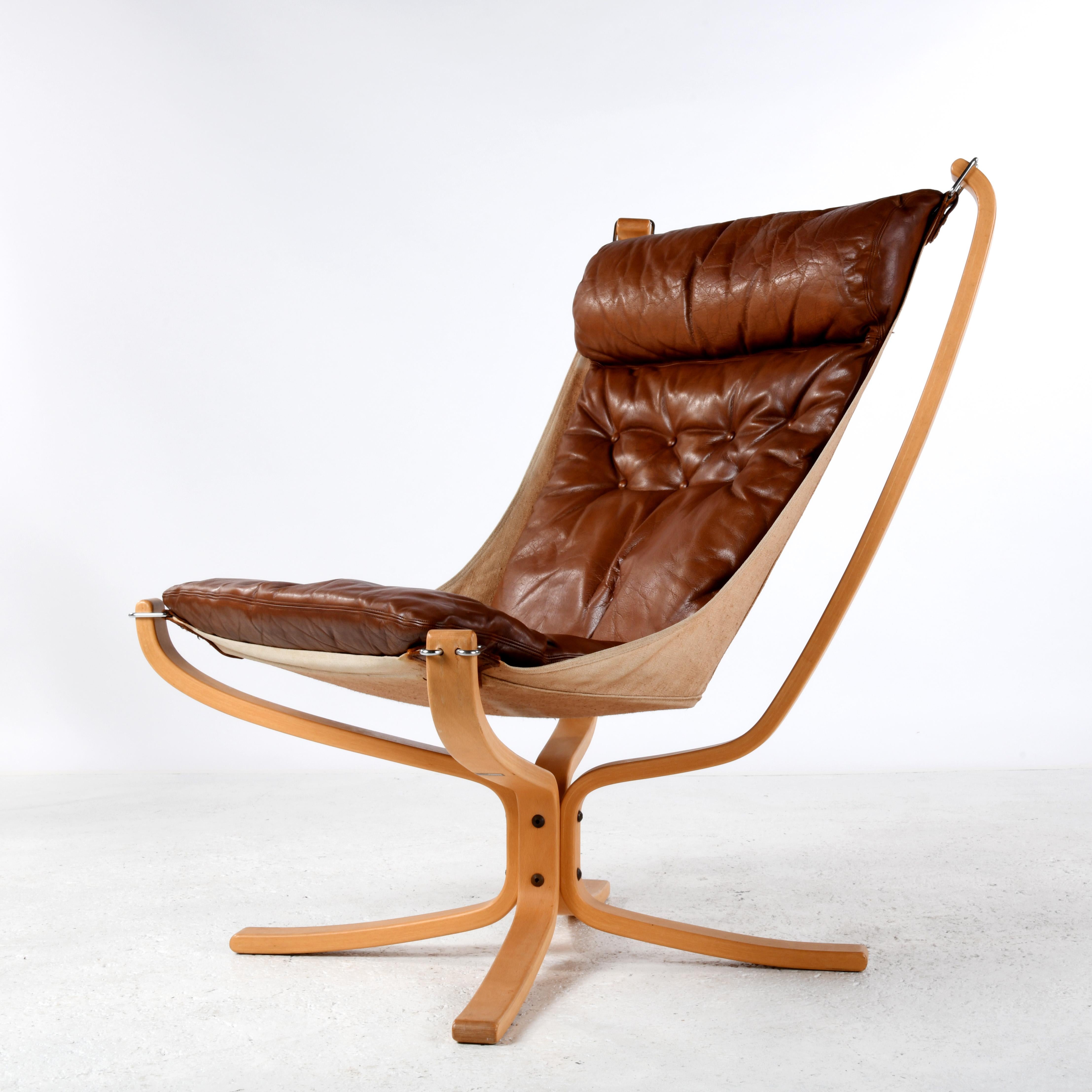 Leather Falcon chair, design Sigurd Ressell, wood and brown leather version
