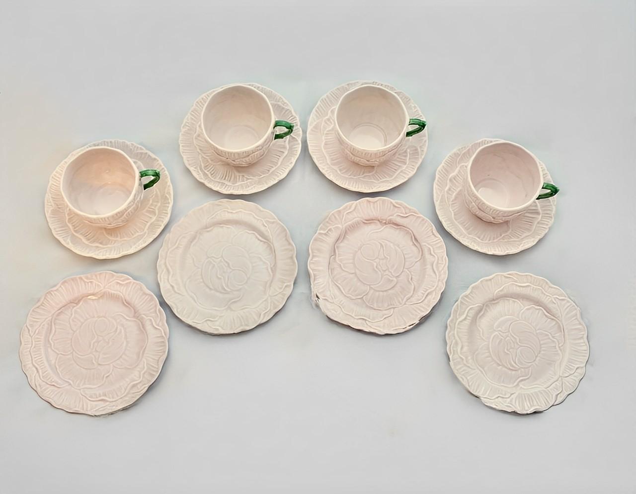 Wonderful Falcon English Rose earthenware tea set, consisting of a set of 4 tea cups saucers and plates. The pieces have a rose design with green handles. The tea plates are diameter 15.3 cm / 6 inches, and the cup is height 6.7 cm / 2.6 inches. The