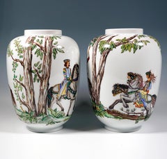 'Falcon Hunt' Pair Of Large Lampion Vases, By Augarten Vienna, Mid-20th