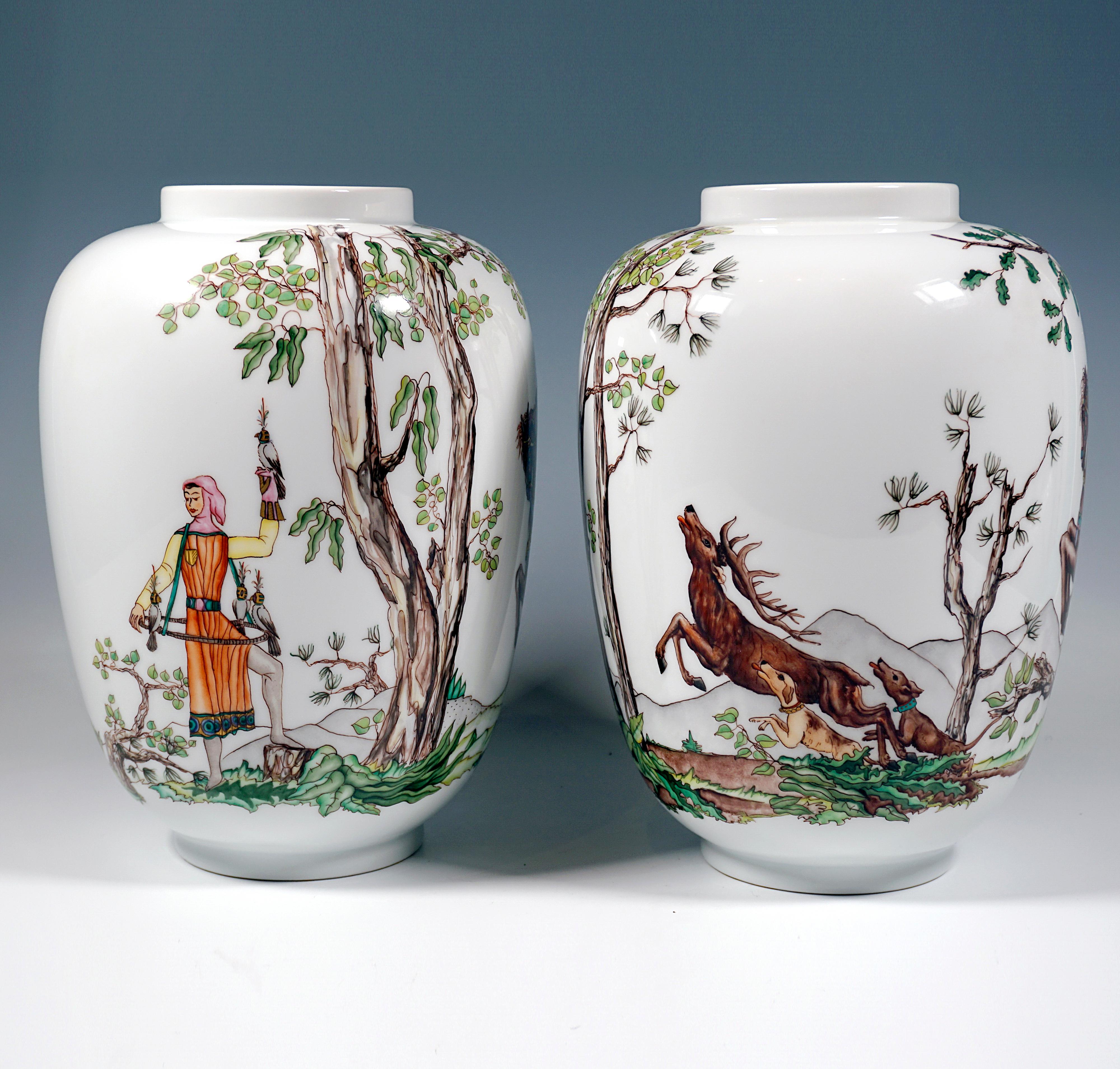 Austrian 'Falcon Hunt' Pair Of Large Lampion Vases, By Augarten Vienna, Mid-20th For Sale