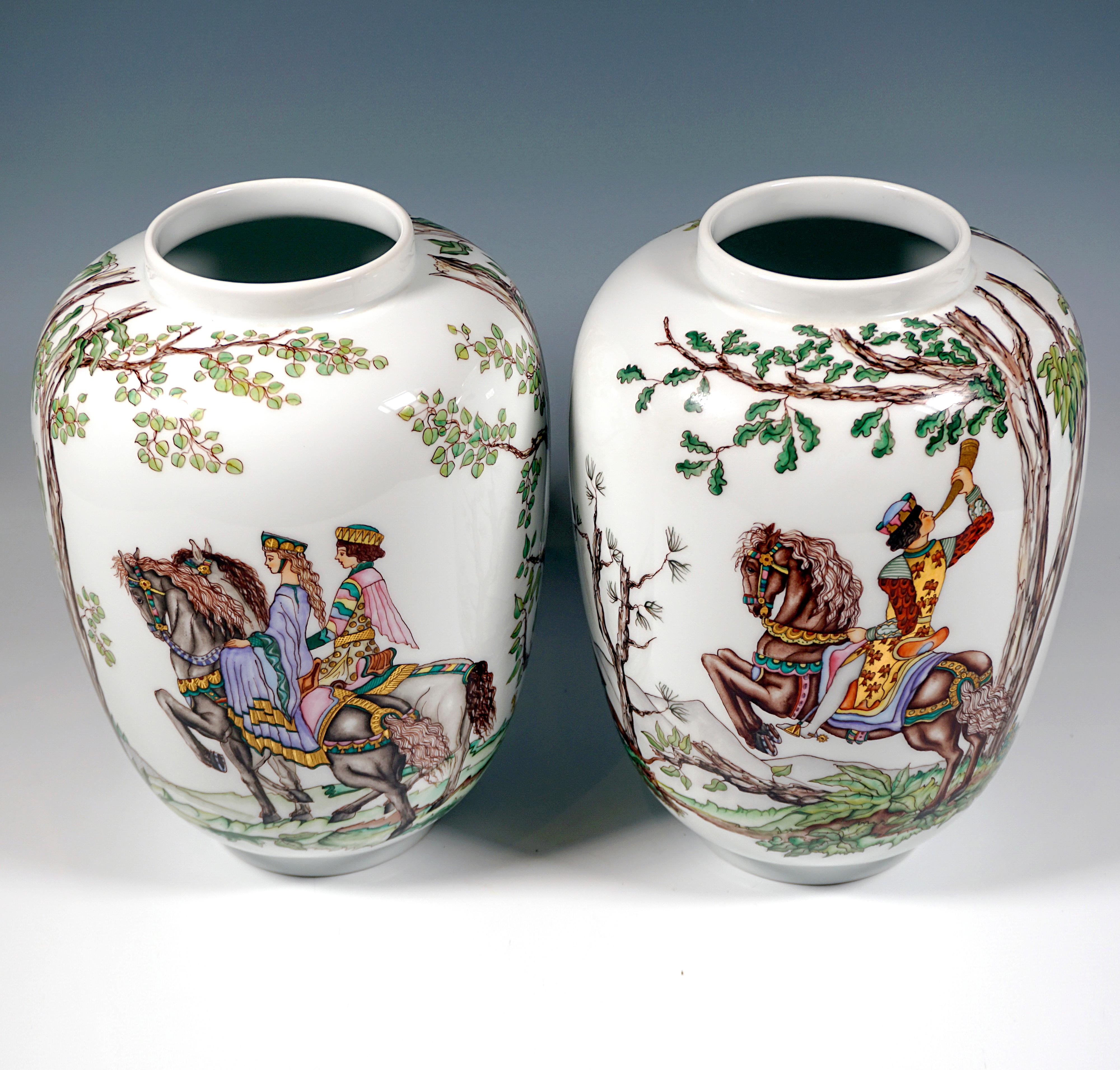Painted 'Falcon Hunt' Pair Of Large Lampion Vases, By Augarten Vienna, Mid-20th For Sale