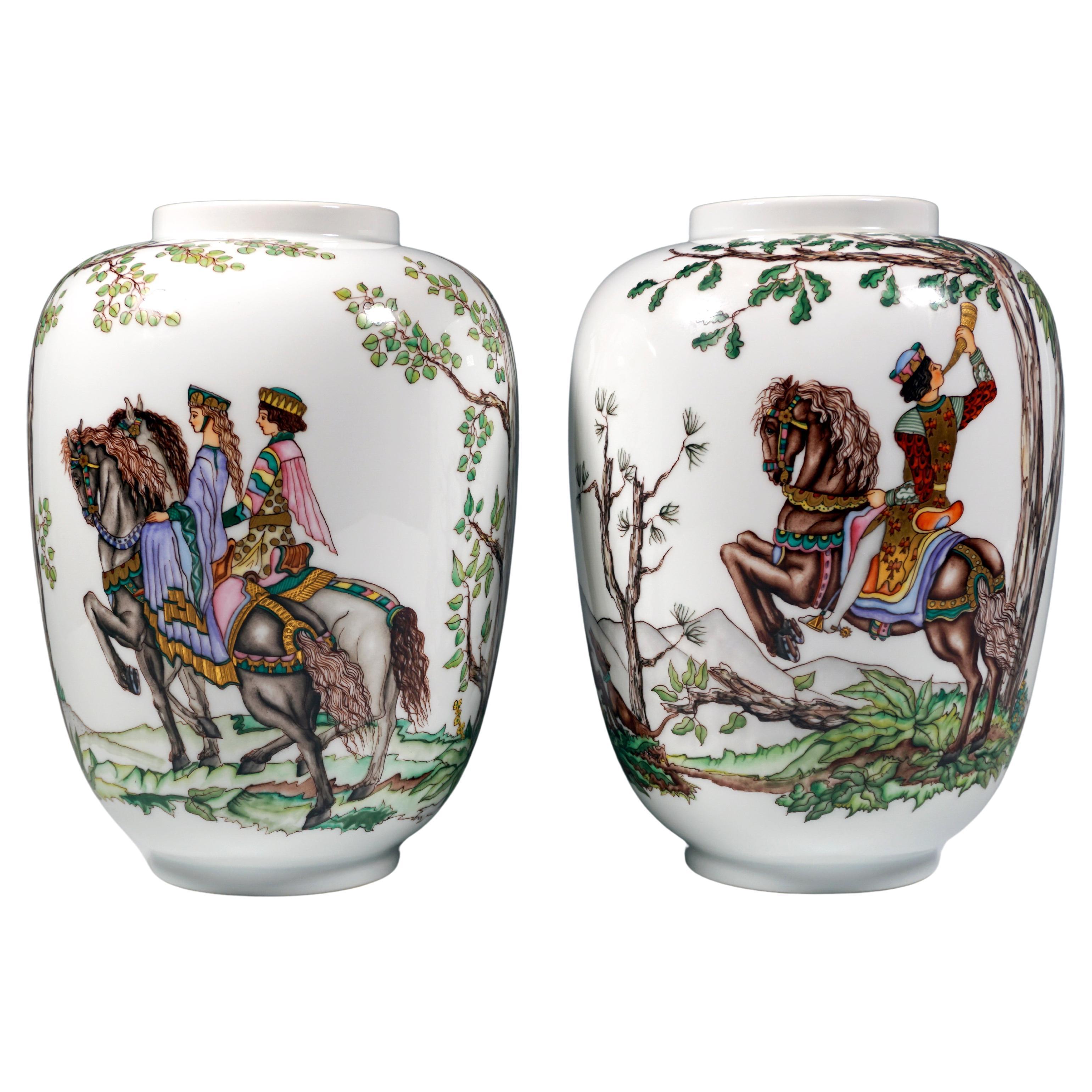 'Falcon Hunt' Pair Of Large Lampion Vases, By Augarten Vienna, Mid-20th