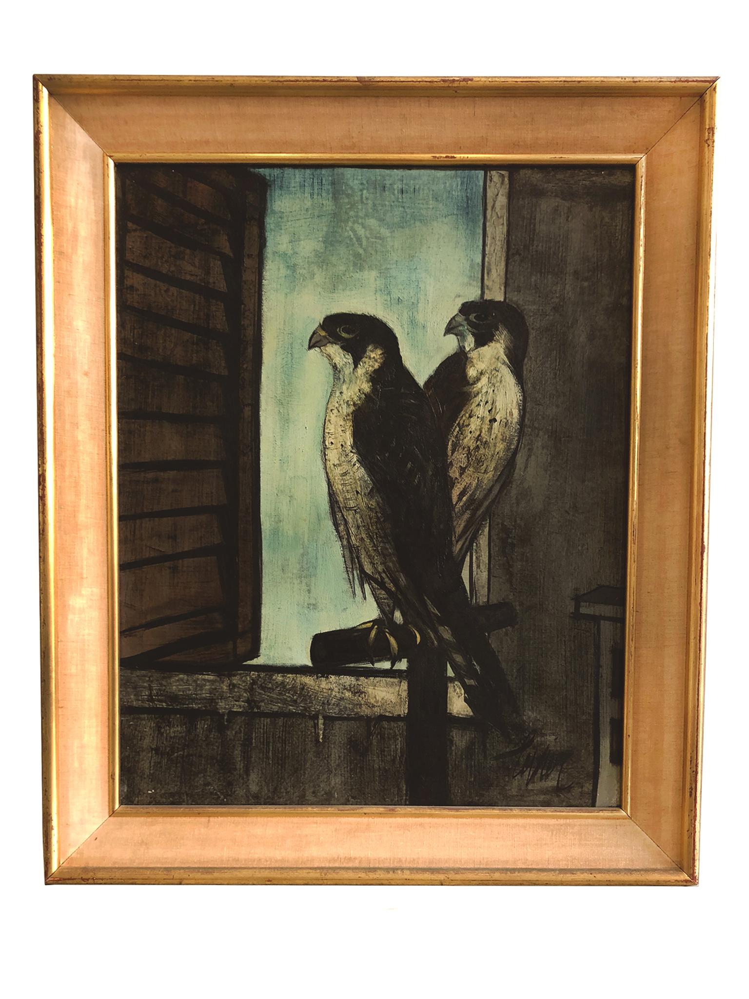 Bold lines and a moody palette draw the viewer into this painting of two falcons by Charles Levier (1920-2003), Mid-20th century. Oil on canvas. Signed on lower right. Signed and titled on back of canvas. The painting comes in a giltwood frame with